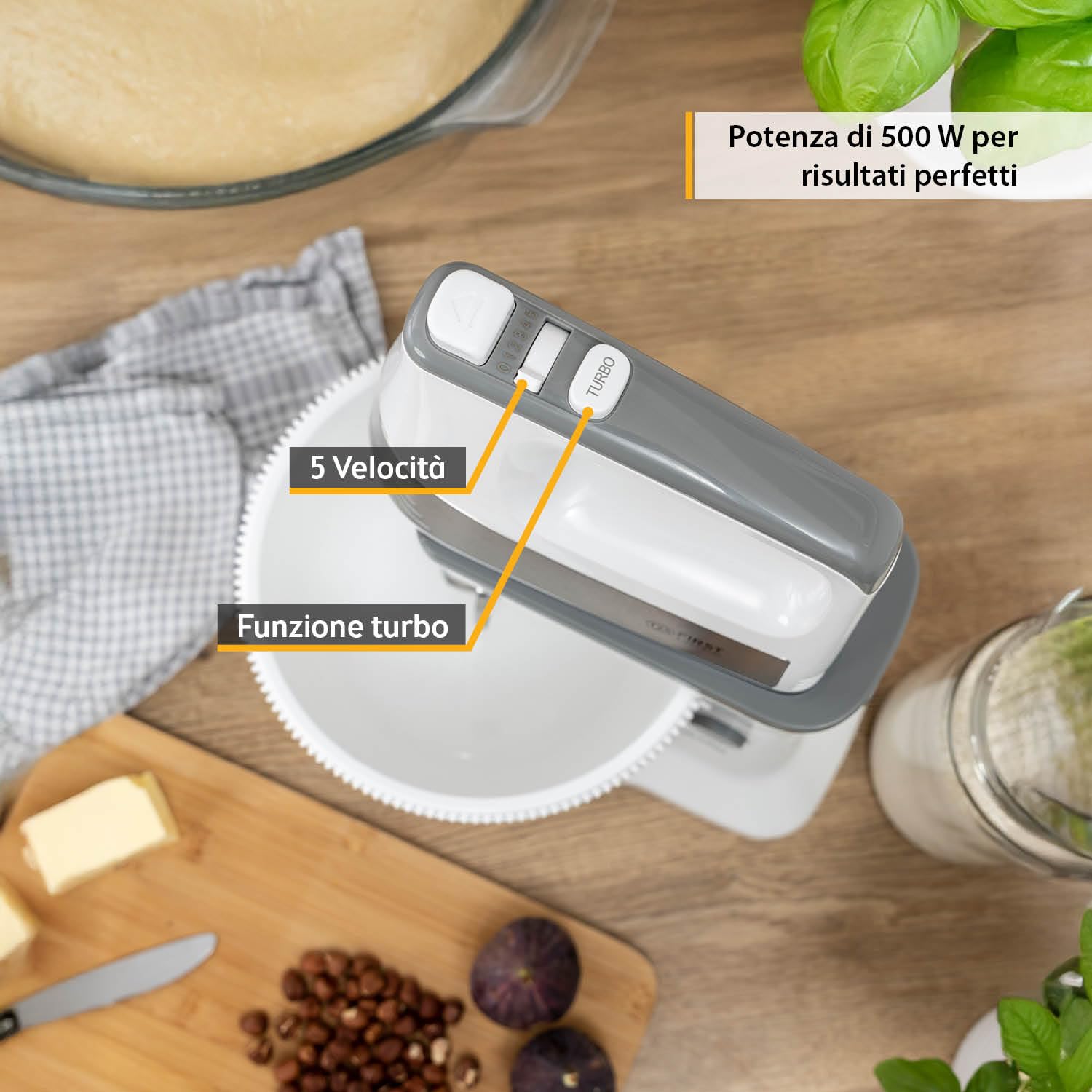 TZS First Austria mixer 2 in 1, mano e stand, 3,4L, 500W, 5 velocità, funzione turbo, fruste e ganci impasto inclusi