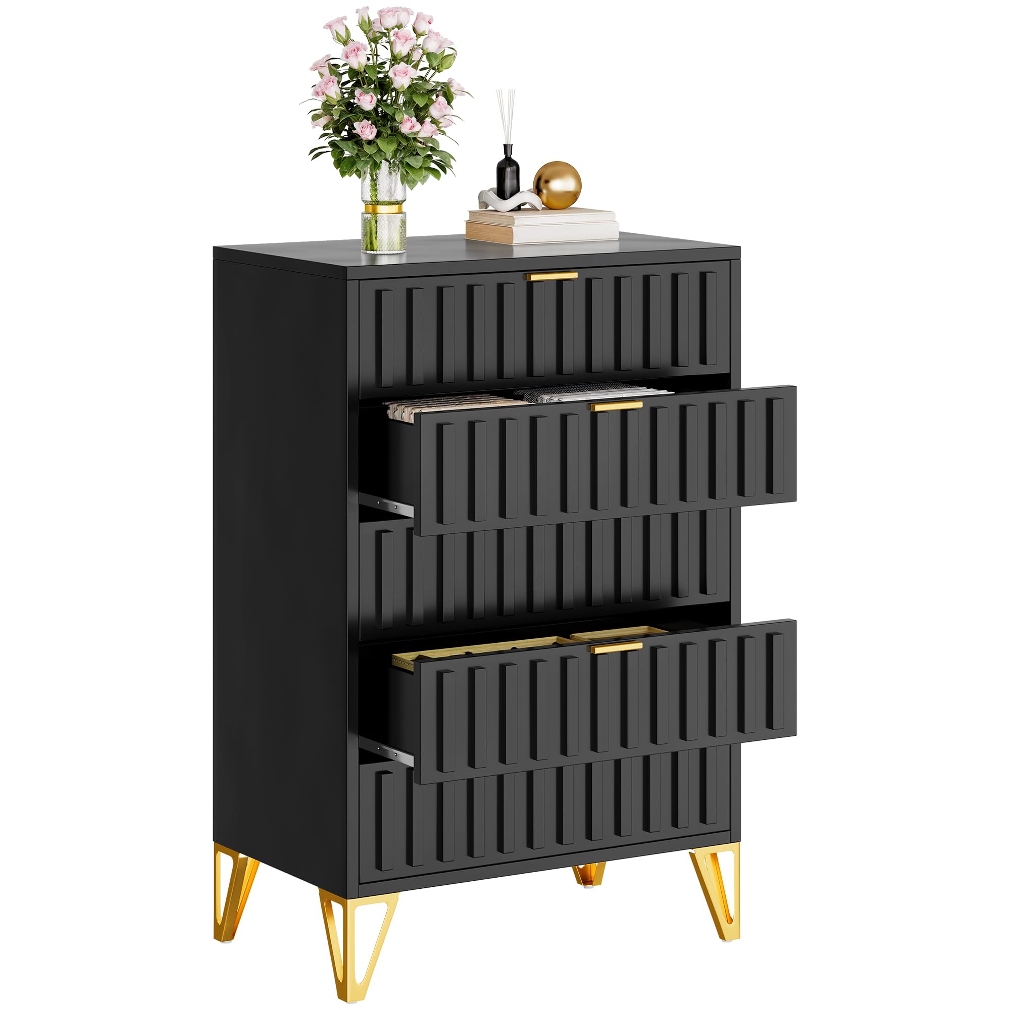 YITAHOME Fluted Dressers, 5 Drawer Dressers & Chests of Drawers, Metal Modern Dresser for Room, Entryway, Hallway, Black