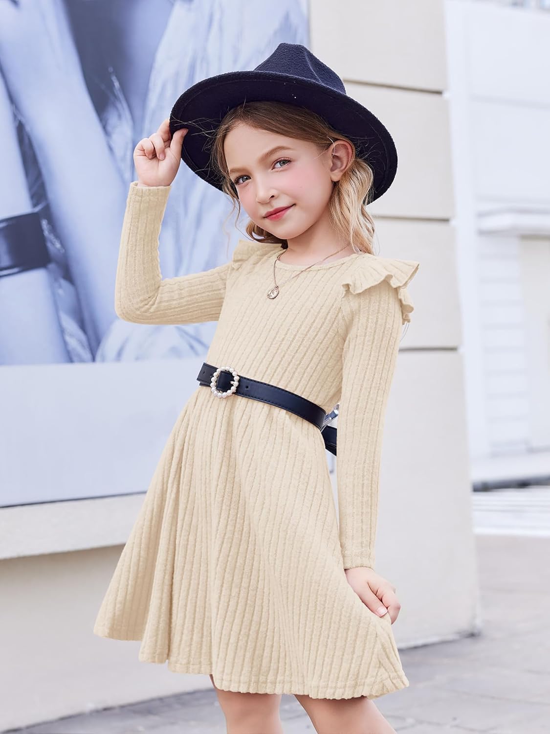 Arshiner Toddler Girl Dress Baby Girls Knitted Ruffle Sleeve Pocket Dresses A-Line Flared Fall Winter Clothes for 2-8 Years - Image 3