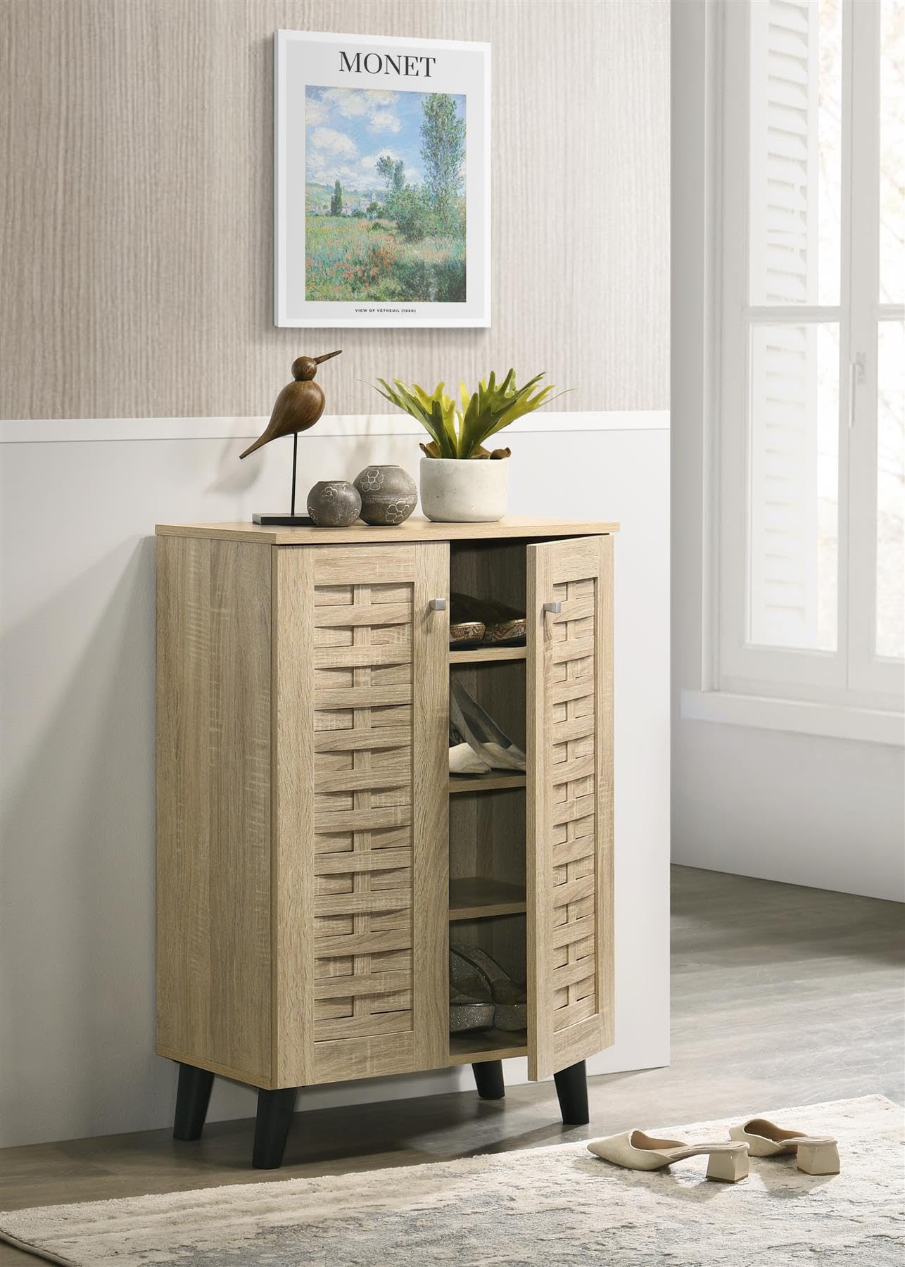 TAD TIMBER ART DESIGN UK Essential Shoe Cabinet 4 Tier Shoe Rack Wooden Storage Unit 2 Door Cupboard Modern Furniture for Living Room, Bedroom, Sonoma Oak - W60cm x H82.7cm x D33cm