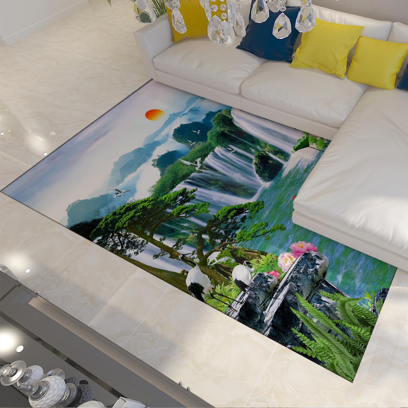 Tapis aux motifs de montagnes et décors floraux pour réchauffer la salle à manger