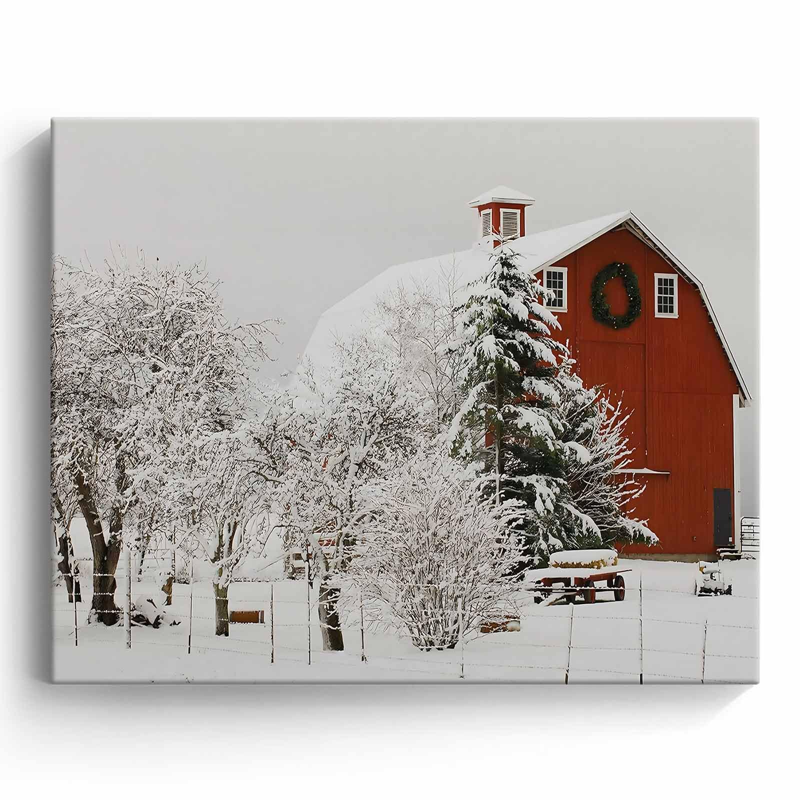 TYPTEK Christmas Wall Art Rustic Village Winter Landscape Snow-Covered Red Barn with Evergreen Wreath Pictures Prints Cozy Holiday Snowy Wall Decor