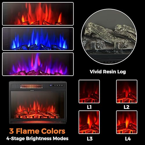 Miniatura 5 de Tangkula Inserto de chimenea eléctrico de 25 pulgadas, calentador eléctrico empotrado con 3 colores de llama disponibles y 4 brillo, 9001350 W con