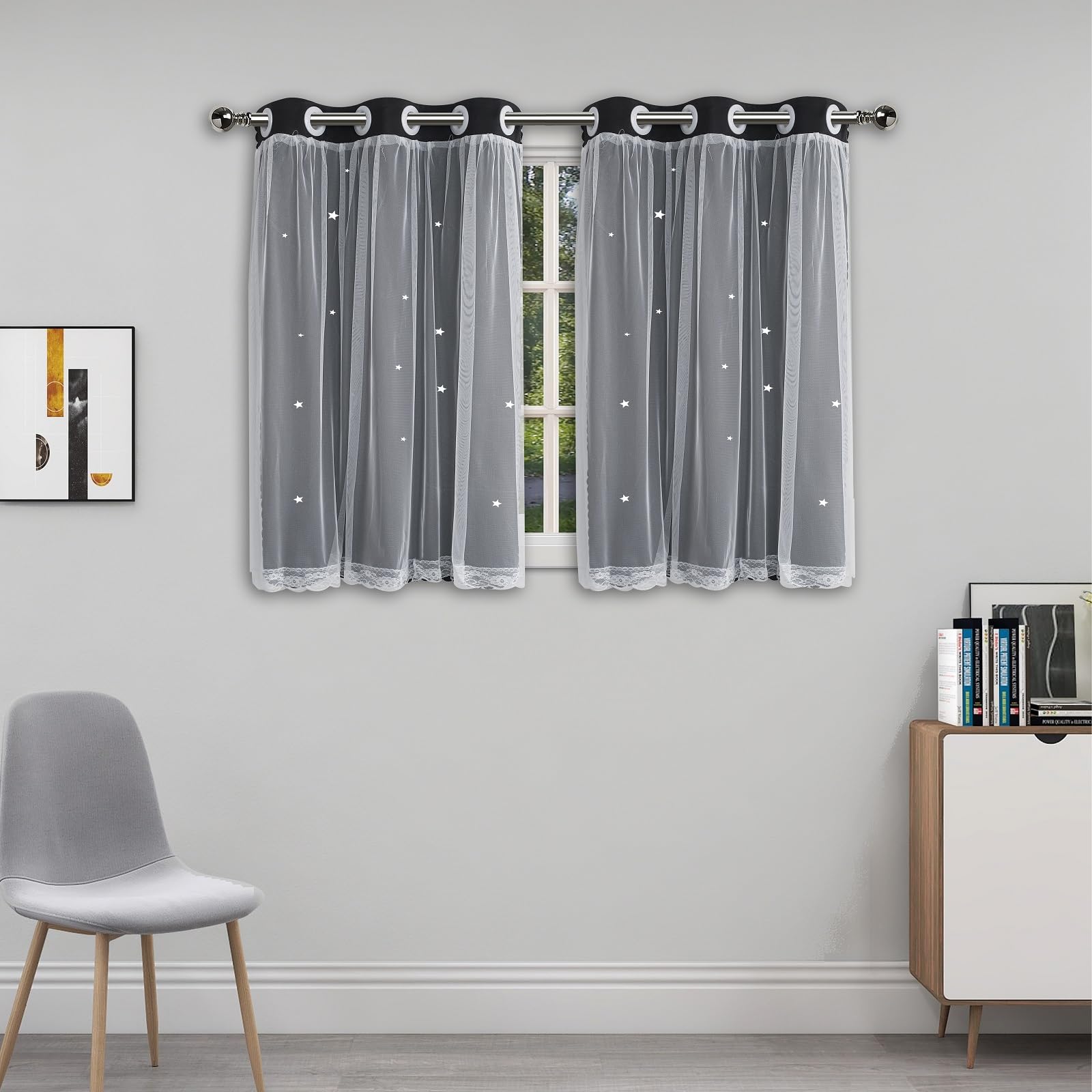 Cute Blackout Curtains for Girls Bedroom - Black Aesthetic Star Cutout Double Layer with Sheer Overlay, 45 Inch Length 2 Panels Teens Kids Room Curtain Nursery Decor Short Drapes