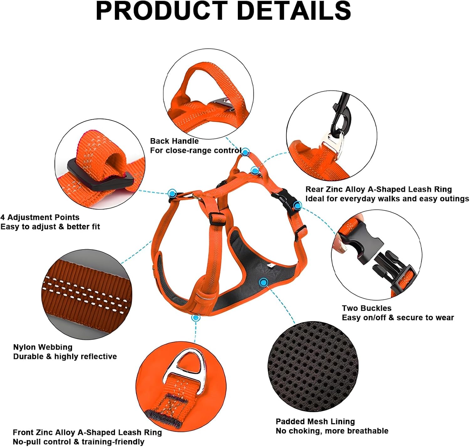 No Pull Dog Harness for Extra Large Dogs, Adjustable, Reflective Breathable Padded Vest with 2 Metal Leash Clips and Handle for Control or Car Seatbelt Use, Orange, XL