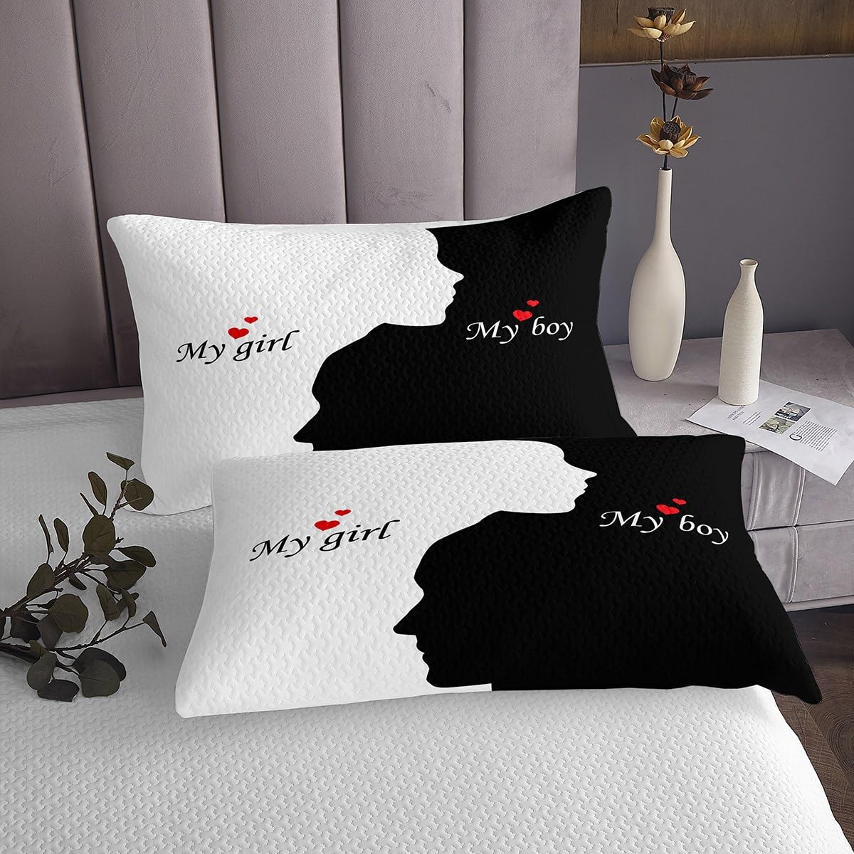 Homemissing Copriletto trapuntato bianco e nero per letto king size, coppia di cuori, copriletto trapuntato per ragazze e donne amanti romantico set copriletto trapuntato per San Valentino decorazione