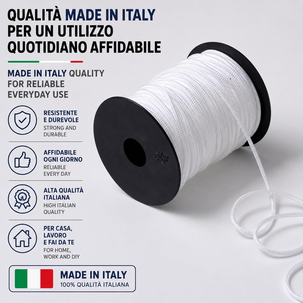 IPEA Treccia per Veneziana Bianca 3 mm in Nylon – [ 50 METRI ] – Made in Italy – Corda per Tende a Pacchetto, Mantovane, Tapparelle, Accessori, Fai Da te – Cordino Bianco Multiuso - Spessore 3 mm