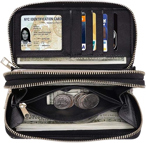 Vista 4 de Cartera de doble cierre para mujer, con correa de mano, para tarjetas, dinero en efectivo, monedas, celular