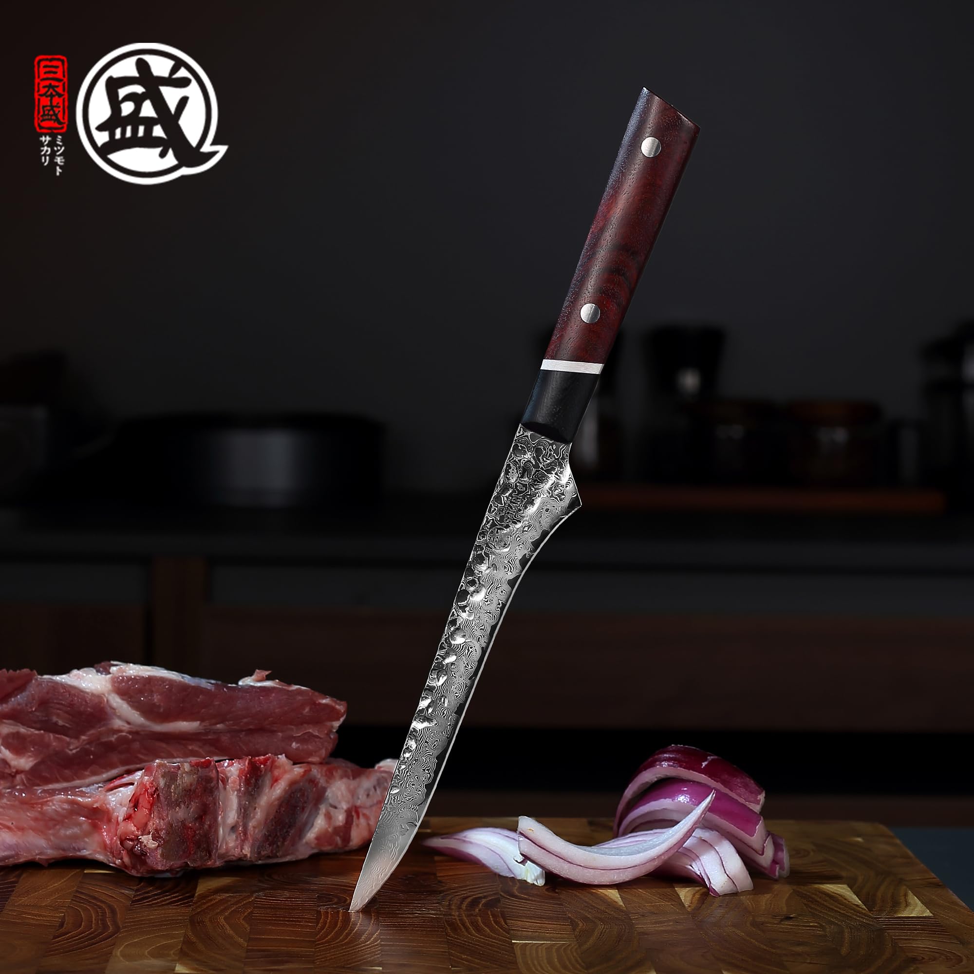 MITSUMOTO SAKARI Cuchillo Japonés para Deshuesar, 14,6 cm Cuchillo Flexible | Cuchillos Cocina de Acero Damasco S440C en Polvo, para Deshuesar Aves, Mango Madera de Sangre y G10, Caja Regalo Sándalo