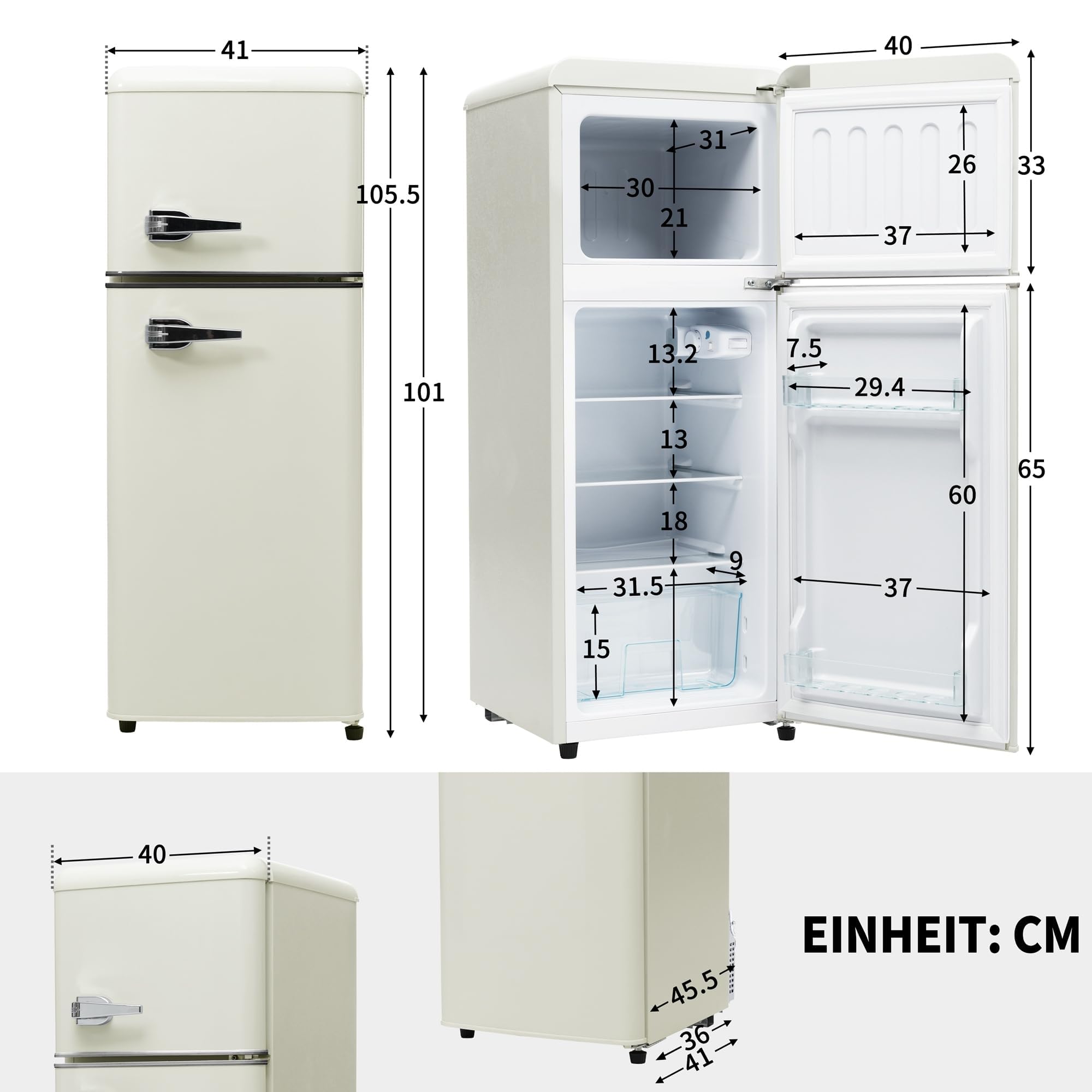 Retro-Kühlschrank, Kühl-Gefrier-Kombination, 92 Liter (mit 28 Liter Gefriervolumen), 116 kWh/Jahr, 105.5 cm hoch, Zweitürig, -27°C ~13°C, LED-Licht, Weiß