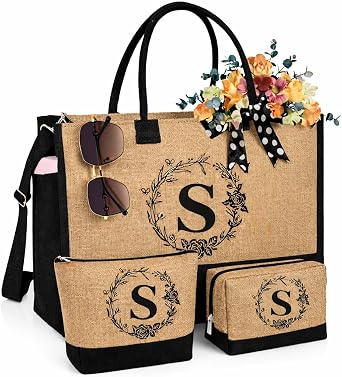 Initial Canvas Tote Bag, Birthday Gifts for Women, Monogrammed Beach Tote Bag for Mom Daughter Sister