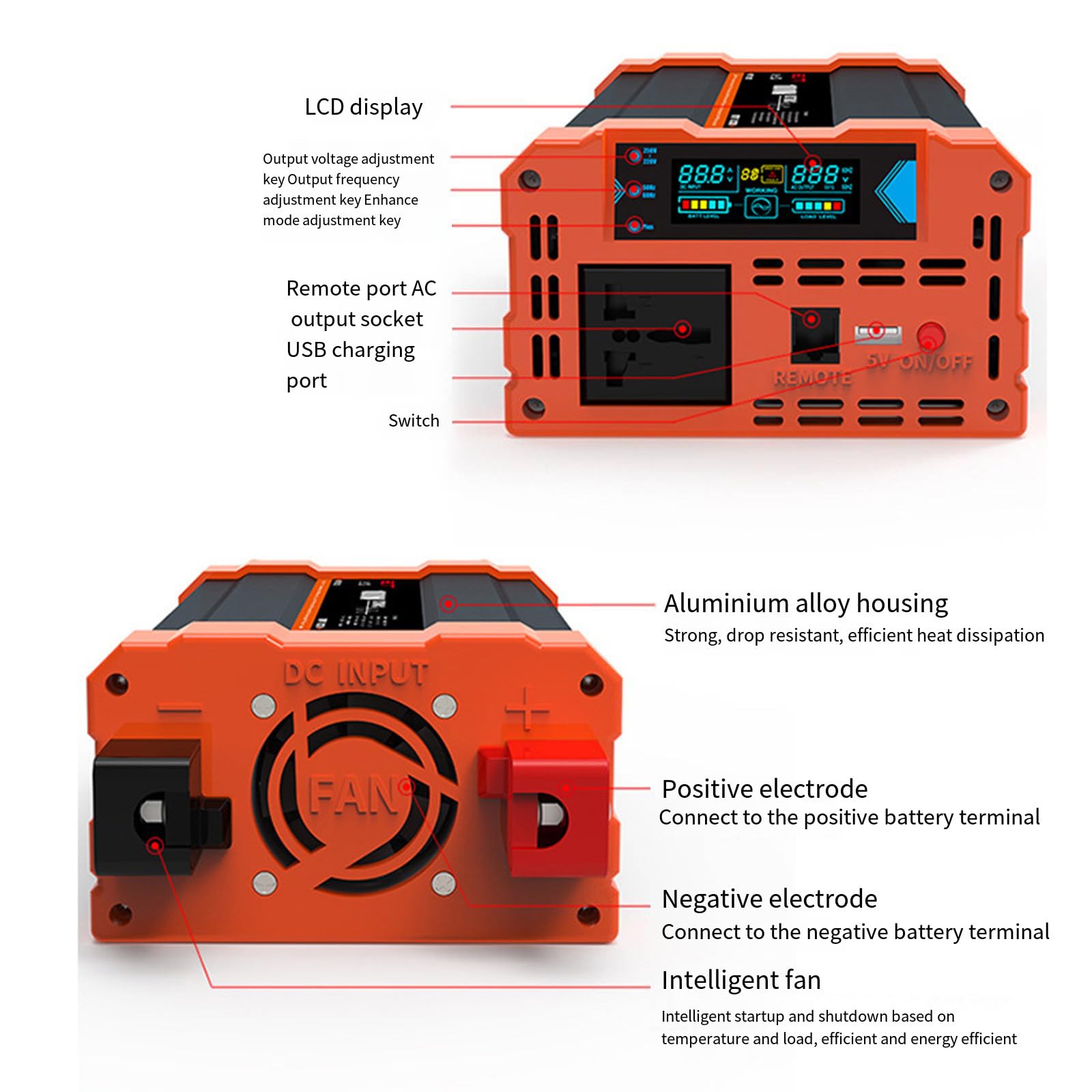Przetwornica napięcia 12v 220v 1000W 2000W 3000W przetwornica czystej fali sinusoidalnej z wyjściem okablowania wyświetlacz LCD przetwornica napięcia do użytku domowego,3000W