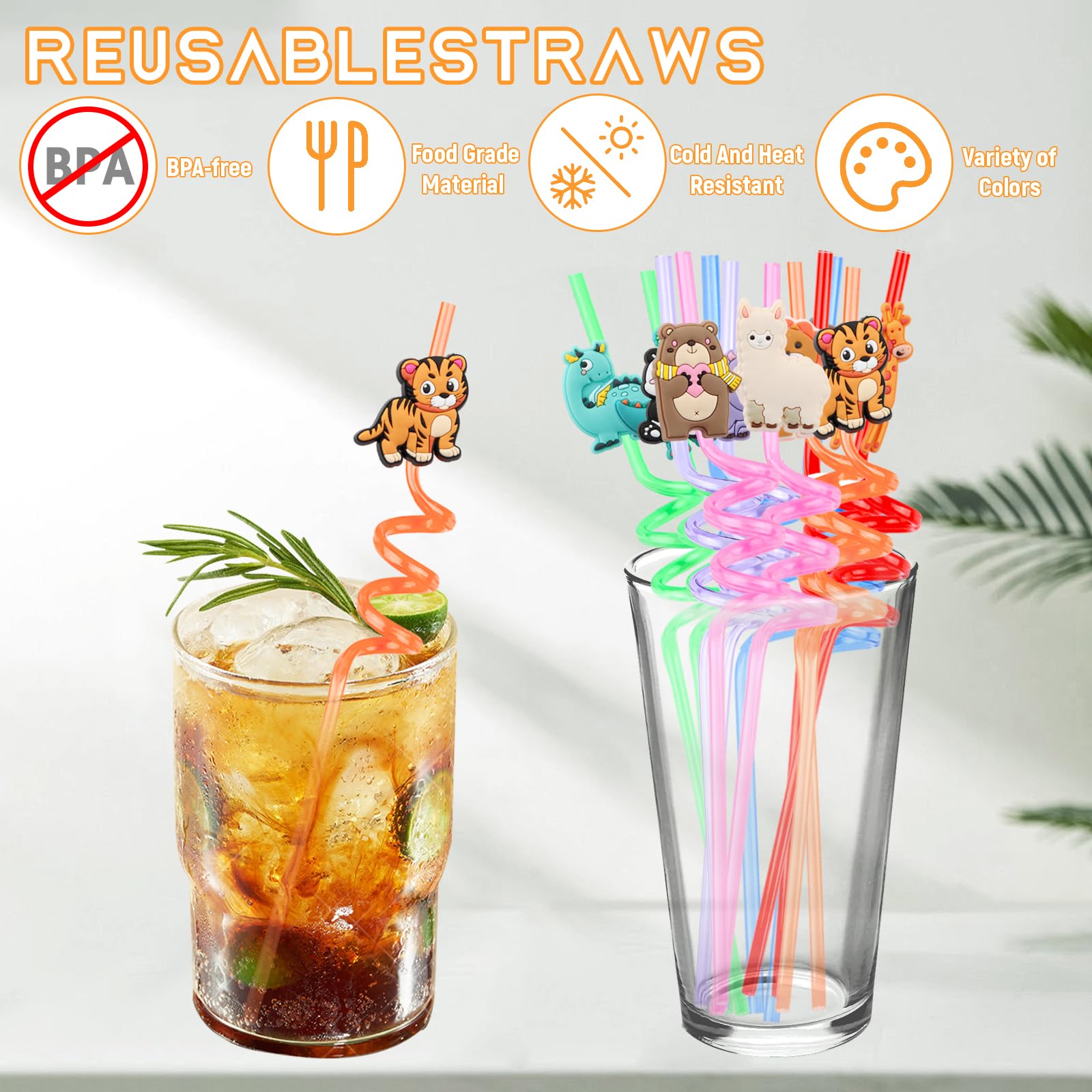 Pajitas Reutilizables Niños 12 Piezas Animales Pajitas, Pajitas Plástico, Gafas Pajita para Beber, Pajitas Fiesta En Espiral, Para Leche, Jugos, Cócteles Decoración de La Fiesta de Cumpleaños