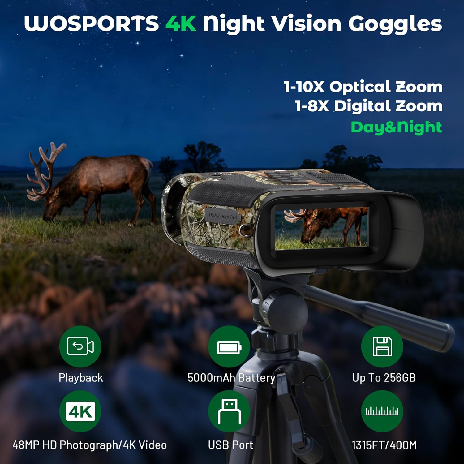 WOSPORTS 4K Night Vision Goggles– 64GB TF Card, 10X Optical & 8X Digital Zoom, 1315FT Infrared Range, IPX Waterproof, Ideal for Camping