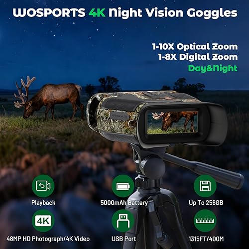 Miniatura 2 de WOSPORTS 4K Night Vision Goggles– 64GB TF Card, 10X Optical & 8X Digital Zoom, 1315FT Infrared Range, IPX Waterproof, Ideal for Camping