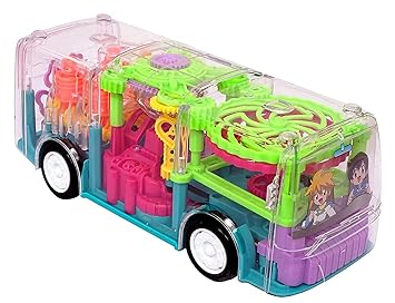 SNEPCOM Transparent 3D Bus Toy 360 Degree Rotation, Gear Simulation Mechanical Bus Sound and Light Toy for 2-5 Years Boys and Girls