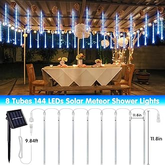 JMEXSUSS Blue and White Solar Meteor Shower Rain Lights, 30cm 8 Tube 144 LED Solar Lights for Party Holiday Yard Patio Decorations