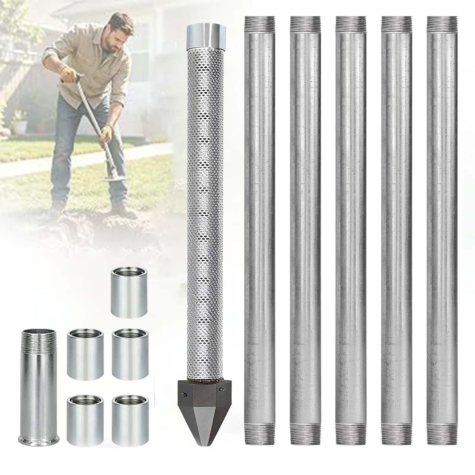 Shallow Well Drilling Kit, Well Point Kit, Heavy Duty Galvanized Pipe & Cast Iron Tip, 36” (91 Cm) Intake, 60 Mesh Filter, DIY Groundwater Access for Farm, Lawn, Livestock(1+5 Pipes–6m (20ft))