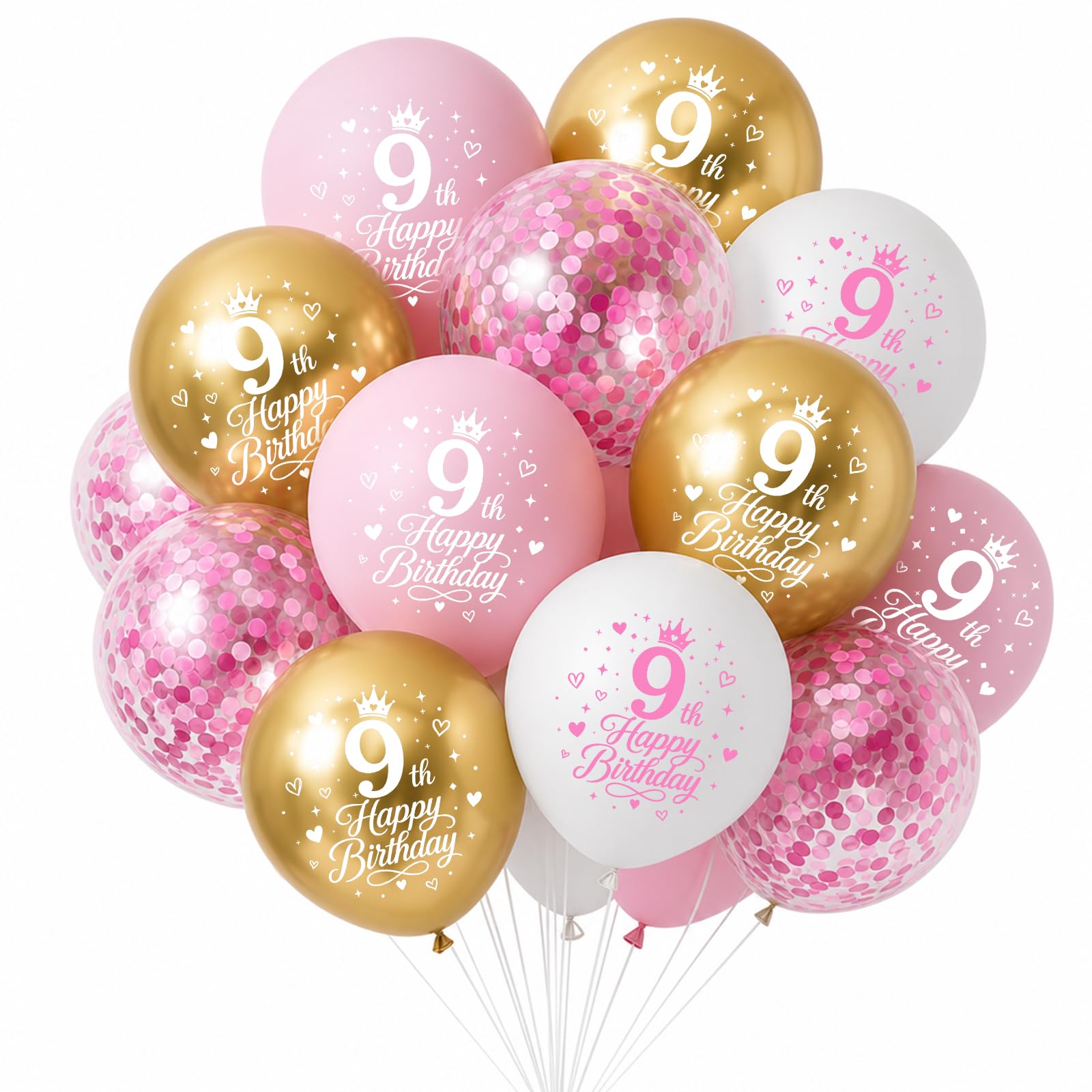 Geukmun 20Pcs 9th Birthday Decorations 9th Birthday Balloons for Girls 12 Inch Pink Confetti White Pink and Gold Balloons Number 9 Balloons for Birthday Party Supplies