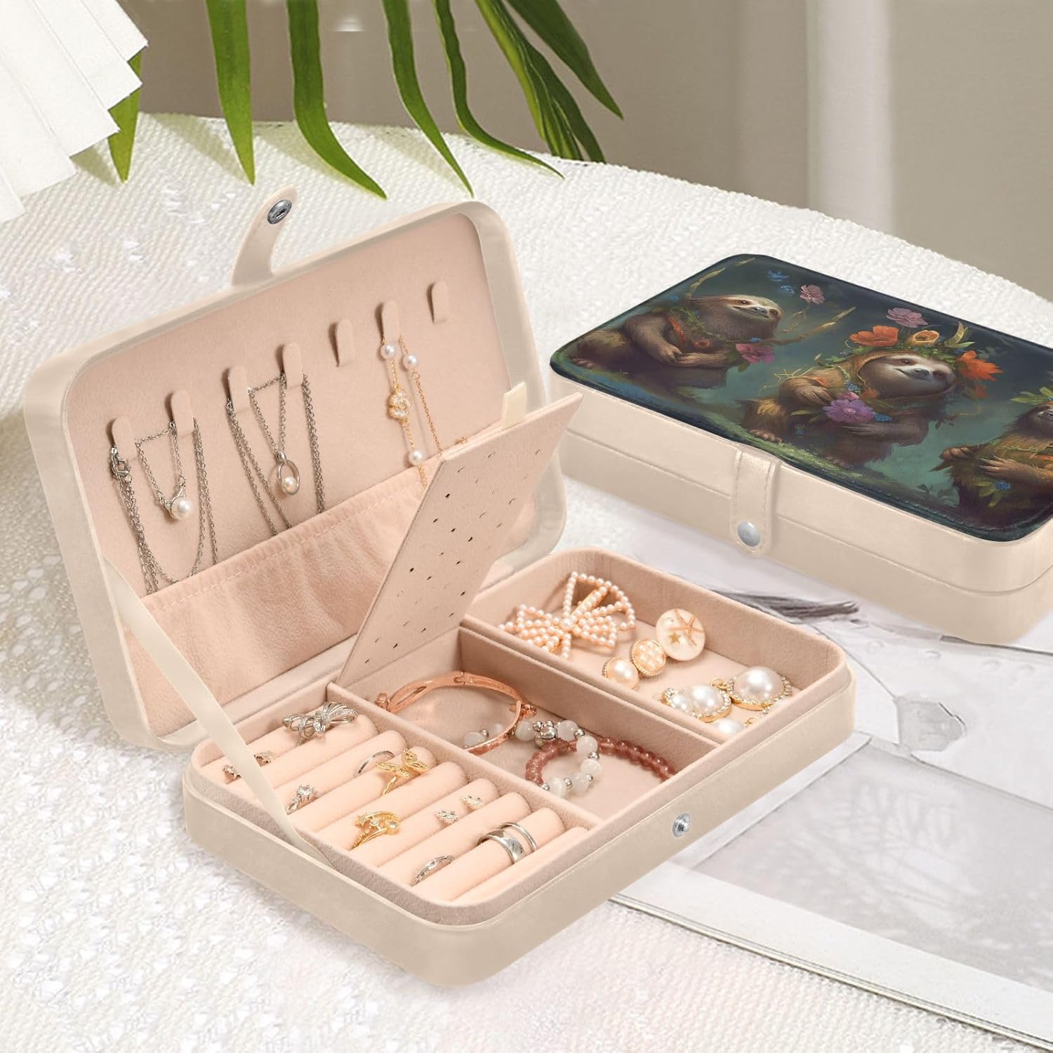 Jewelry Box-Hi_01701704255740_ Print PU Leather Travel Jewelry Organizers with Dividers Inserts, Necklaces Earrings Bracelets Case 8.27x5.5x1.78 Inch