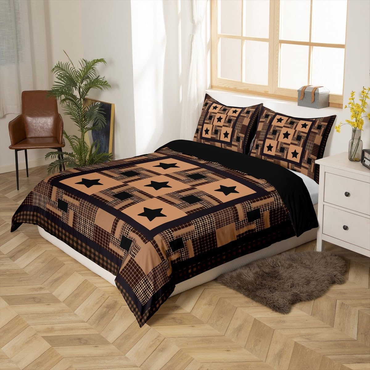 Star Print Bedding Duvet Cover Set Kids Western Theme Bedding Set Plaid Pattern Comforter Cover Set for Boys Room Decor Lightweight Rustic Cabin Country Bedspread Cover Twin Size With 1 Pillow Case