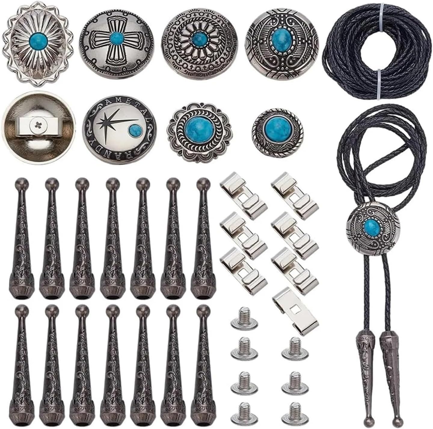 Bolo Tie Making Kit 1Set Tie Accessory Kit, Replacement Buckle Accessories Slide and 7 Pieces Alloy Turquoise Buttons