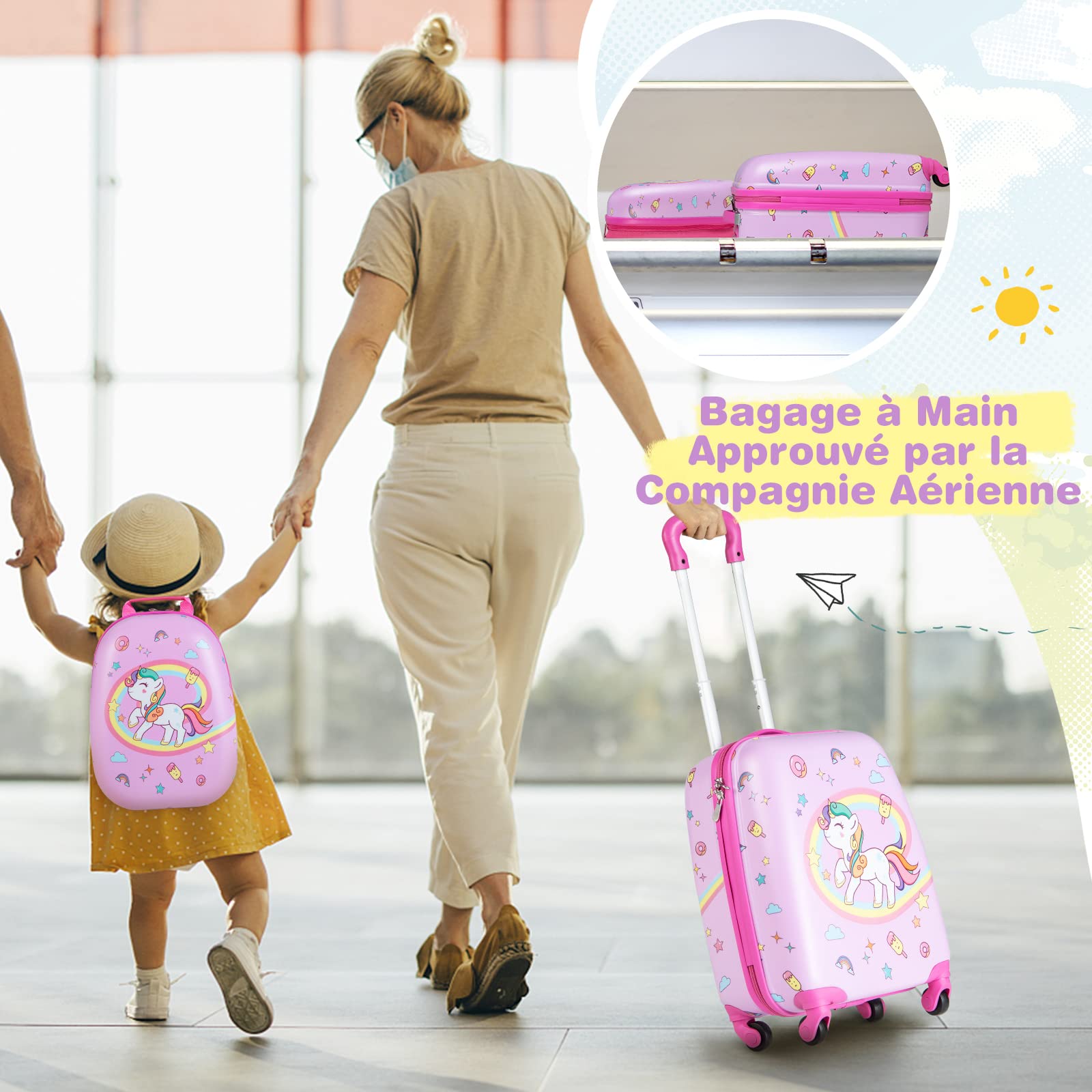 COSTWAY Valise Enfants à roulettes 16’’ & Sac à Dos 12’’ avec Poignée Télescopique, Bagage Enfants avec Motif Voiture d'avion, 4 Roues Rotatives, Lot de 2 Valise pour Fille Garçon(Licorne)