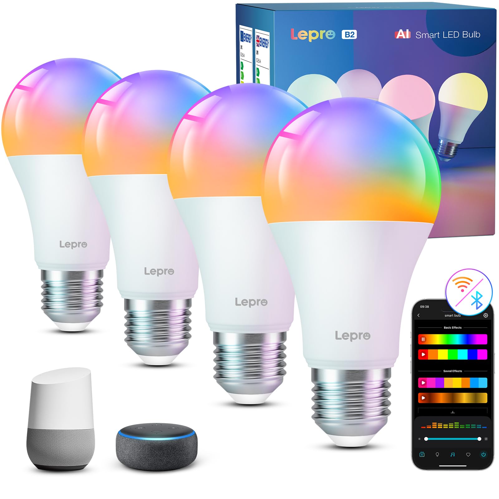 Lepro Lepro B2 AI Smart Bulb E27, 1100LM Music Sync Smart Screw Bulb, Voice Control Colour Changing Light Bulbs, AI Lighting Design Assistant,Bluetooth & WiFi Bulb,Work with Alexa & Google Assistant,4 Packs