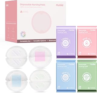 Nuliie 100pk Disposable Nursing Pads Trial Pack: 4 Materials (Bamboo Viscose, Classic, Blue Core, Pink Care) - Super Absorbent for New Moms