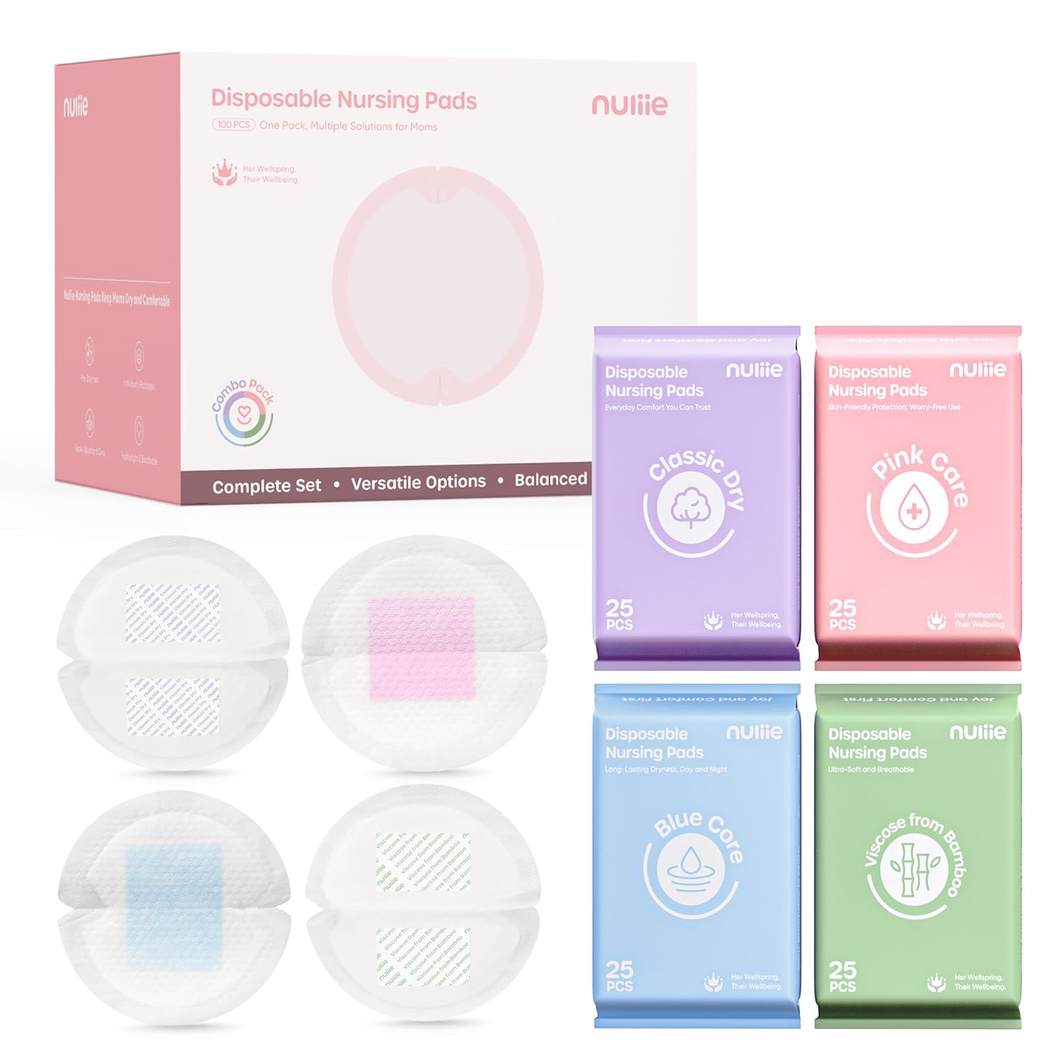 Nuliie 100pk Disposable Nursing Pads Trial Pack: 4 Materials (Bamboo Viscose, Classic, Blue Core, Pink Care) - Super Absorbent for New Moms
