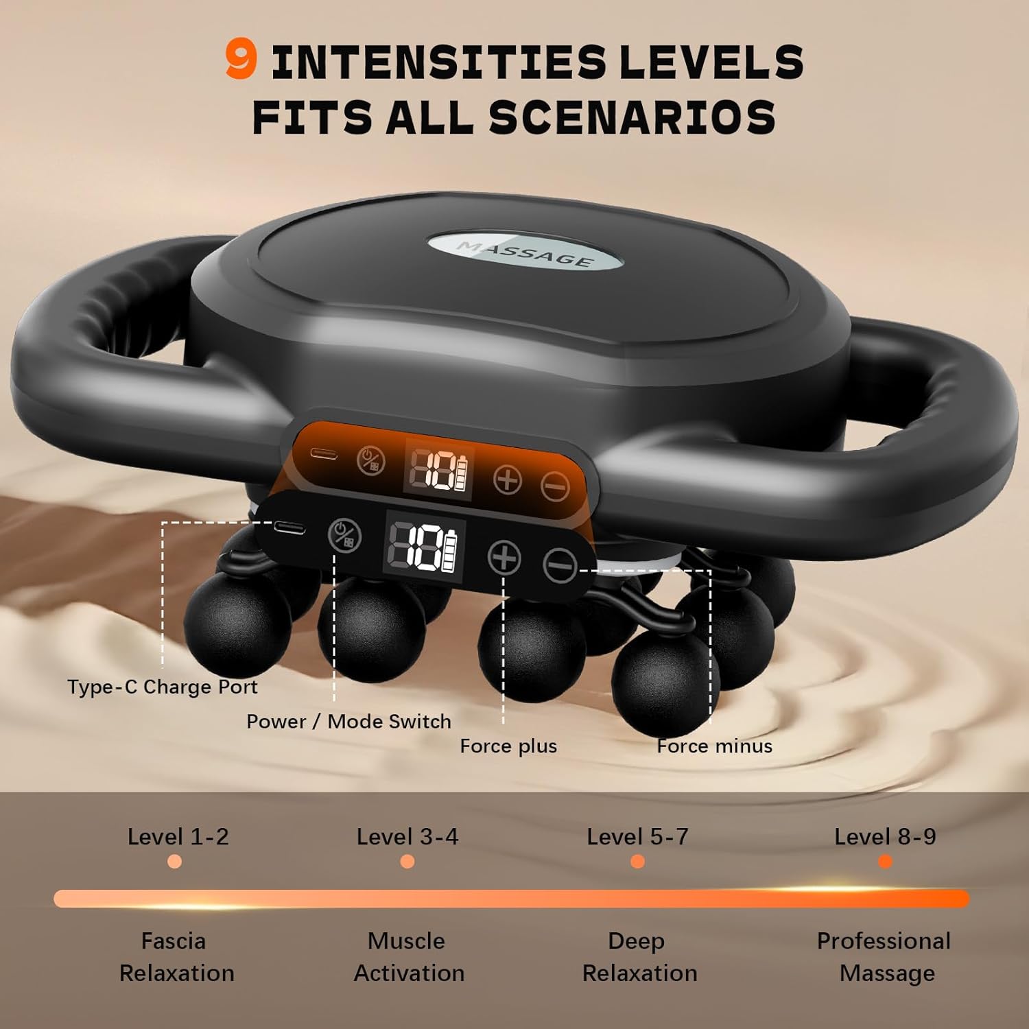 12-Head Massage Gun Deep Tissue, Electric Massager Tool with 9 Levels & 9 Modes, Cordless Back/Neck/Foot/Arm/Body/Leg/Shoulder Massager for Pain Relief, Gifts for Men/Women/Mom/Dad (Black+Black)