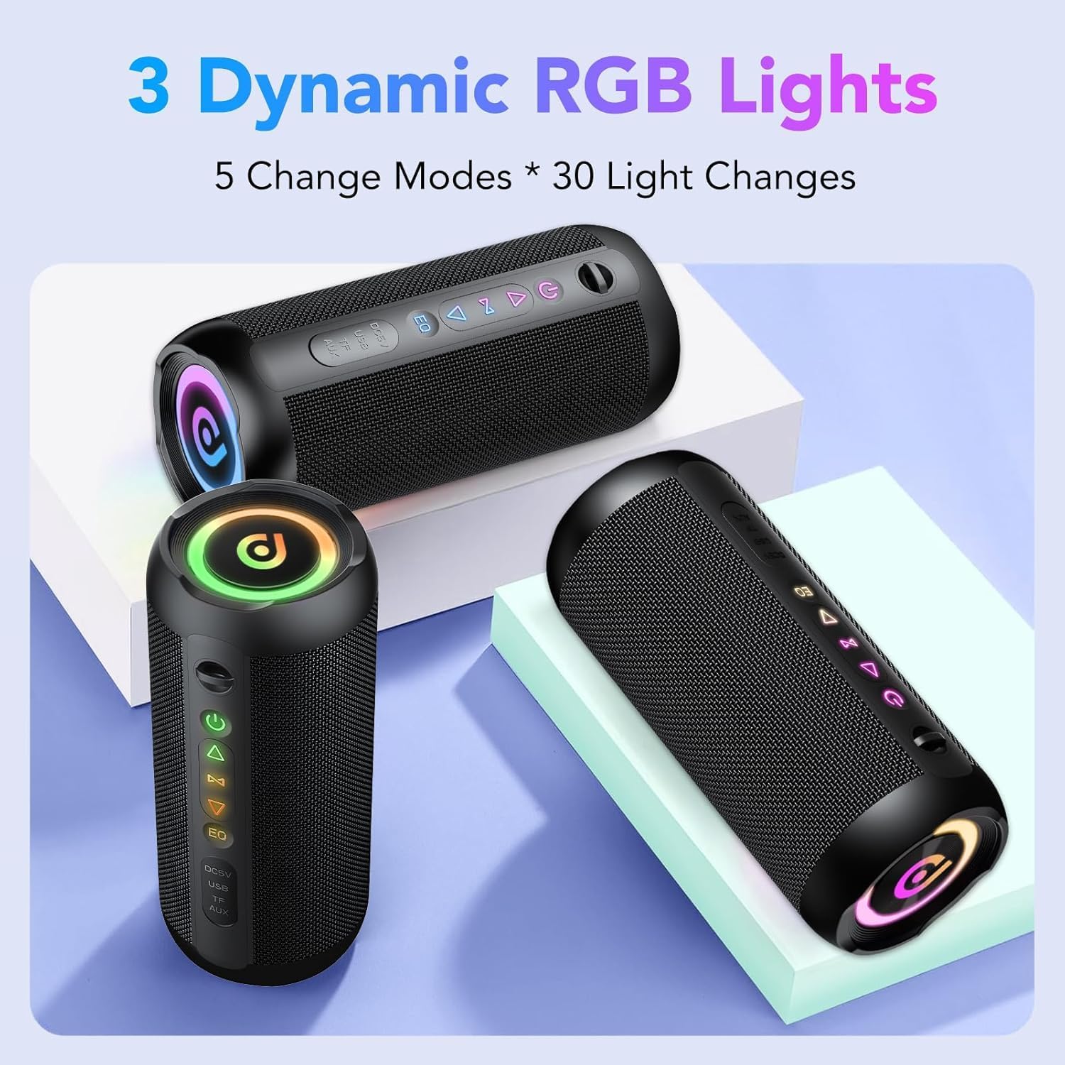 Portable Bluetooth Speaker, Bluetooth 5.4 Speaker, 30W Dual Speaker, 2.0 Channel, Deep Bass, 30H Playtime, Colorful RGB Lights, IPX7 Waterproof, TWS pairing for Outdoor/Home/Party/Travel, Gift Ideas
