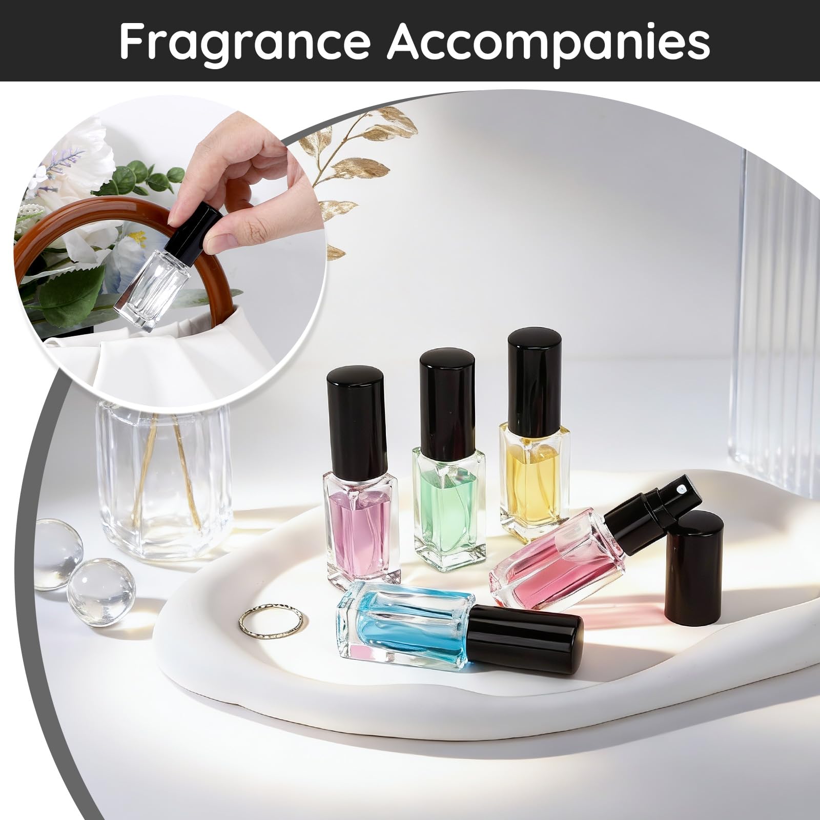 Segbeauty Glaszerstäuber für Parfüm, leere Mini-Reise-Parfümflasche, nachfüllbar mit schwarzer Kappe, 5 ml, kleiner feiner Nebel, Glas, Reise-Kölner-Zerstäuber für Herren, mit Dekanter-Set, 40 Stück