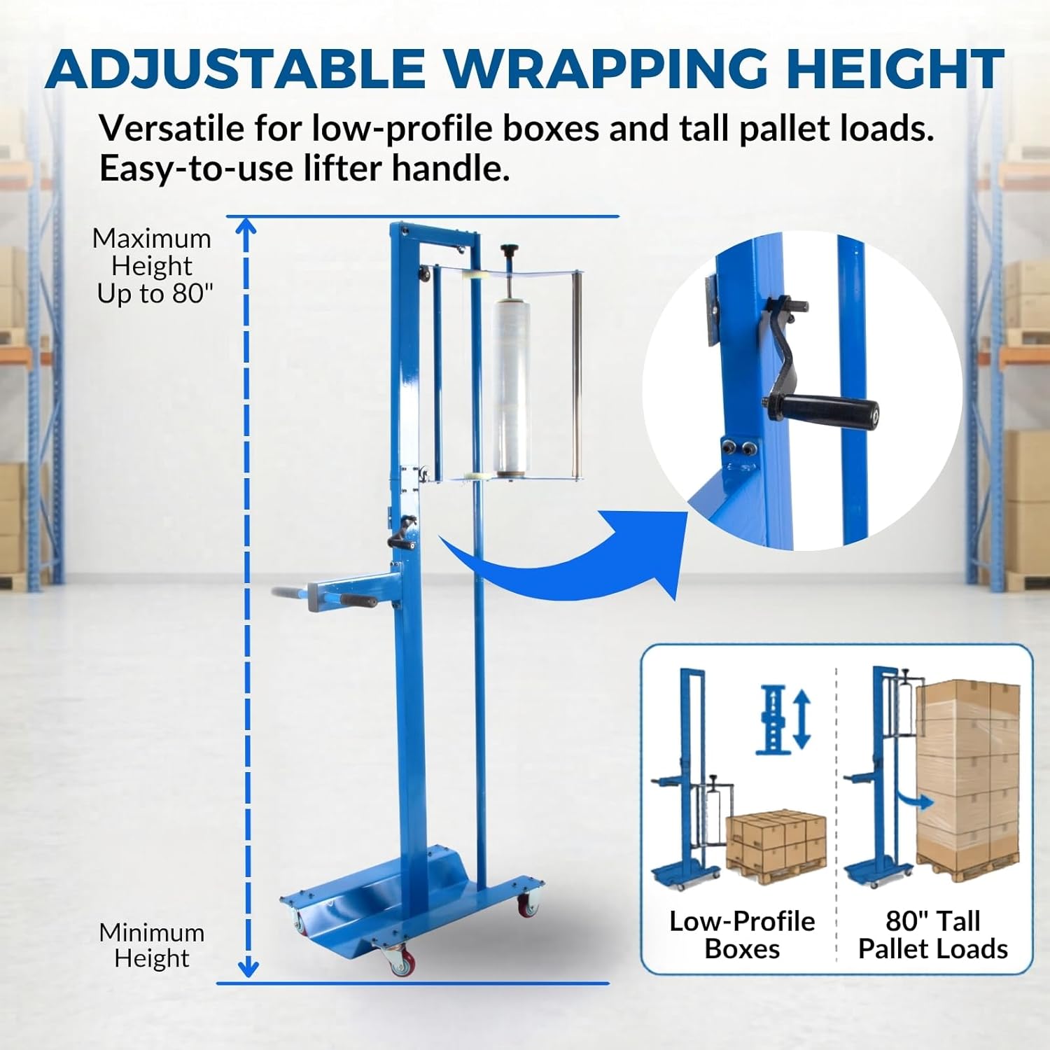 Mobile Pallet Stretch Wrap Machine - Manual Pallet Wrapper with Adjustable Height (Up to 80") - Ergonomic Hand Stretch Film Dispenser for Warehouse, Factory, and Logistics