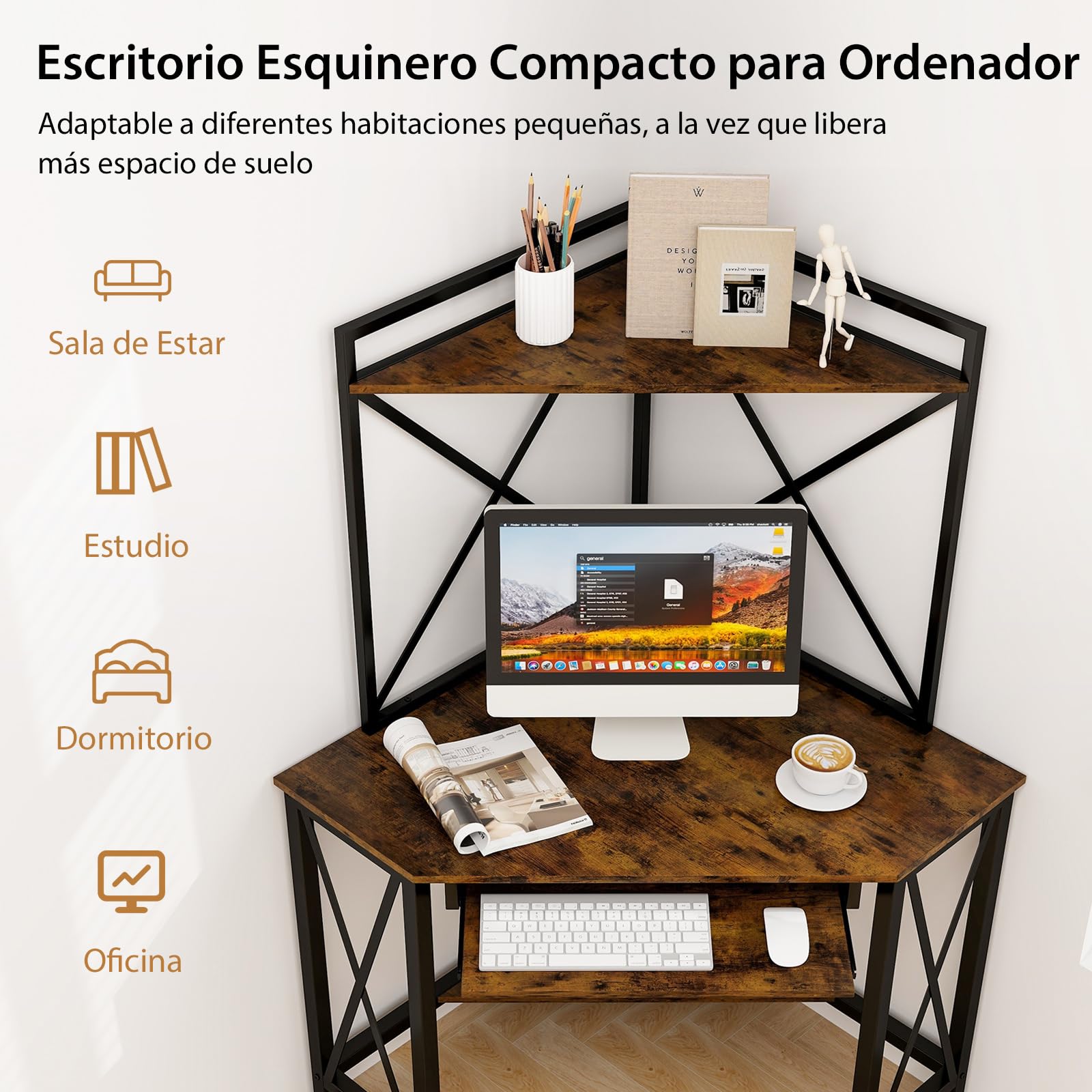 COSTWAY Escritorio para Computadora con Estantes, Escritorio de Esquina Que Ahorra Espacio con Bandeja para Teclado, Mesa Triangular para Oficina con Marco de Metal para Hogar Oficina(Marrón + Negro)