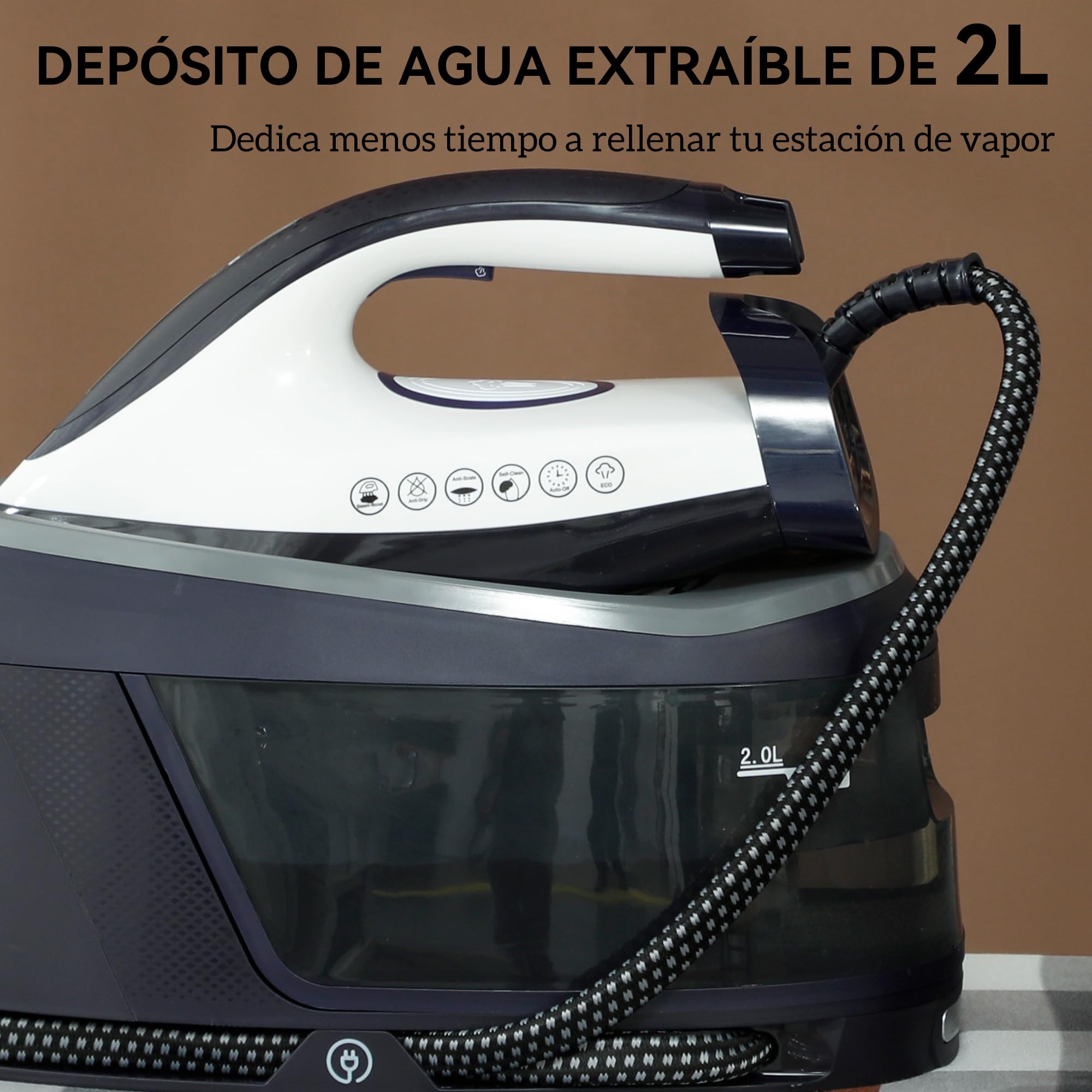 HOMCOM Centro de Planchado 2800W con 8 Bares y 100 g/min Potente Planchado Vertical Función ECO Suela de Cerámica Doble Capa Autolimpieza Sistema Antical Depósito Extraíble 2 L Apagado Automático Azul