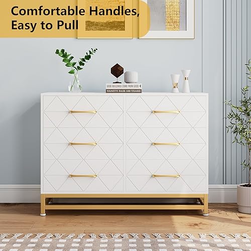 Miniatura 5 de Jojoka Cómoda para dormitorio con 6 cajones, soporte de TV, cómoda de madera con cajones anchos y asas de metal para sala de estar, pasillo,