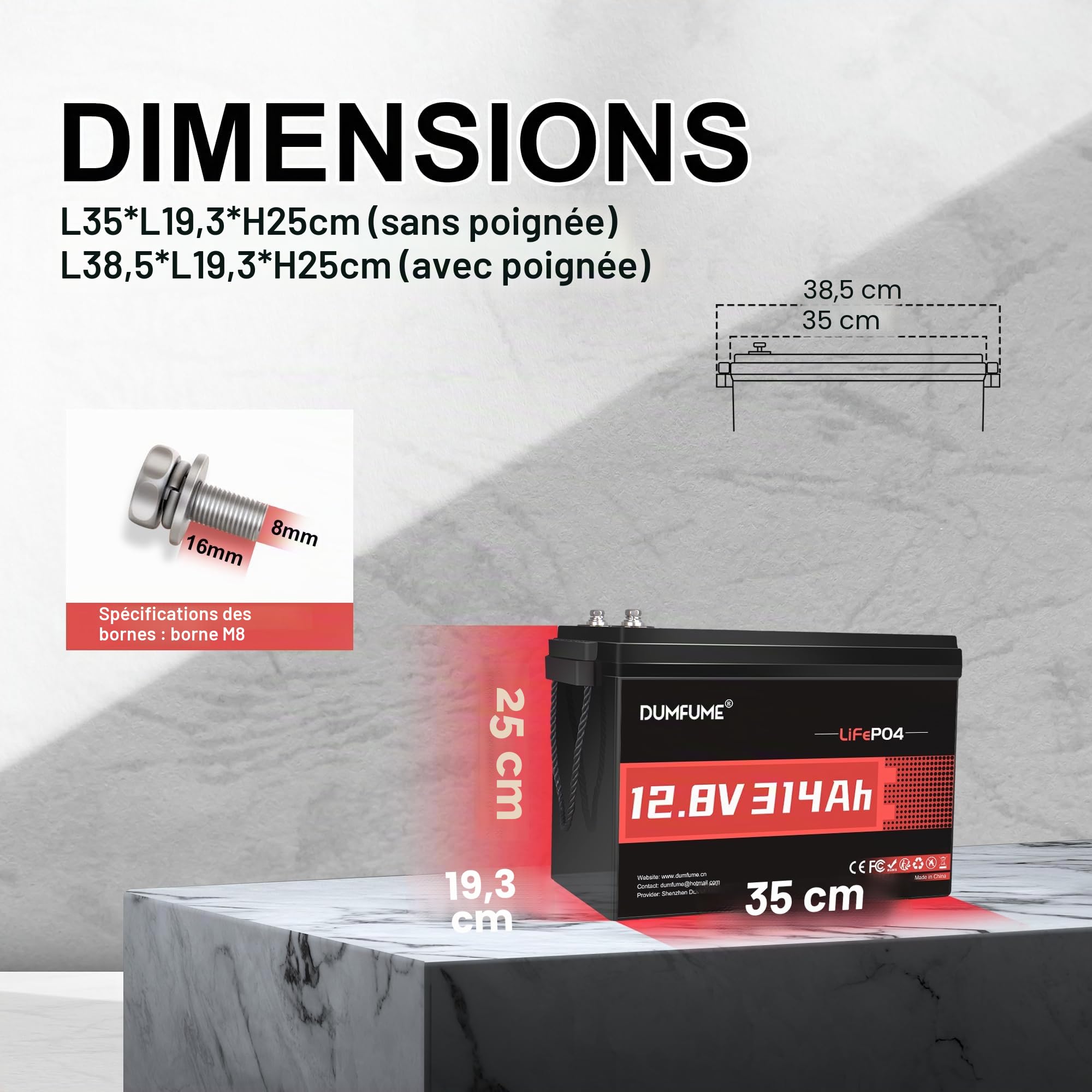Batterie Lithium 12V 314Ah (300Ah) LiFePO4, 4,01 kWh BMS 200A | 15000 Cycles, Batterie LiFePO4 avec Protection Basse Température, Parfaite pour Camping-car, Solaire, Hors réseau
