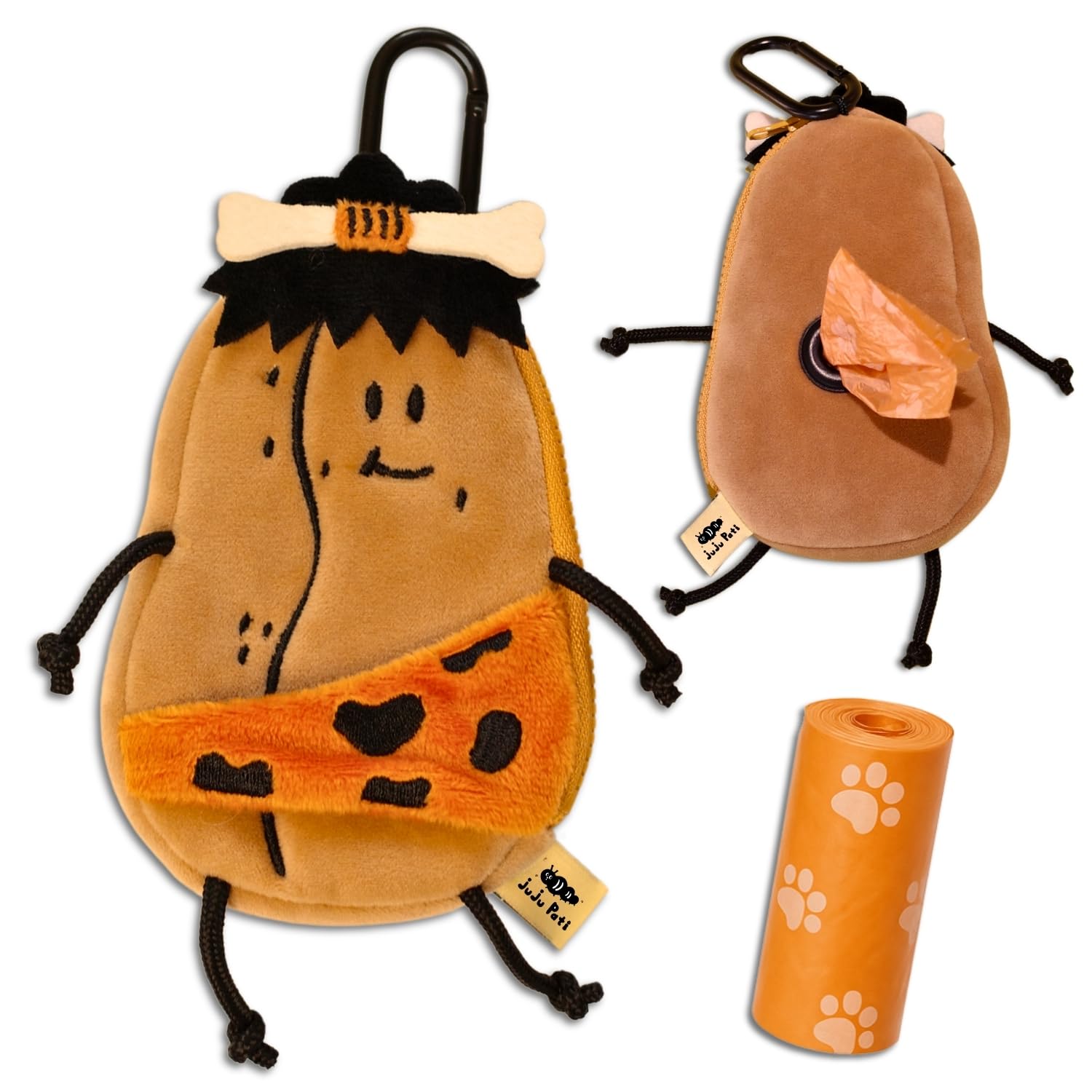 juju Pati Dog Poop Bag Holder for Leash with Waste Bags and Keychain Clip, Easy Refill, Unscented, Doggy Walking Accessory, 1 Caveman Dispenser and 15 Count Poop Bag