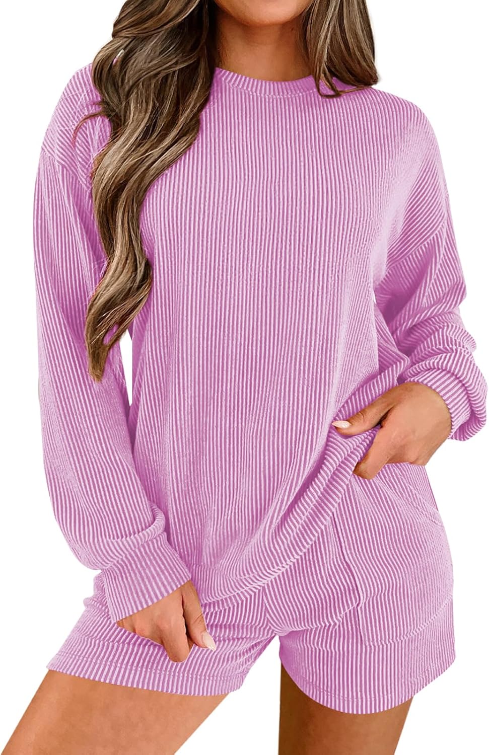 miduo Womens 2 Piece Sets Ribbed Textured Knit Long Sleeve Shirts and Shorts Matching Lounge Set Loungewear with Pockets