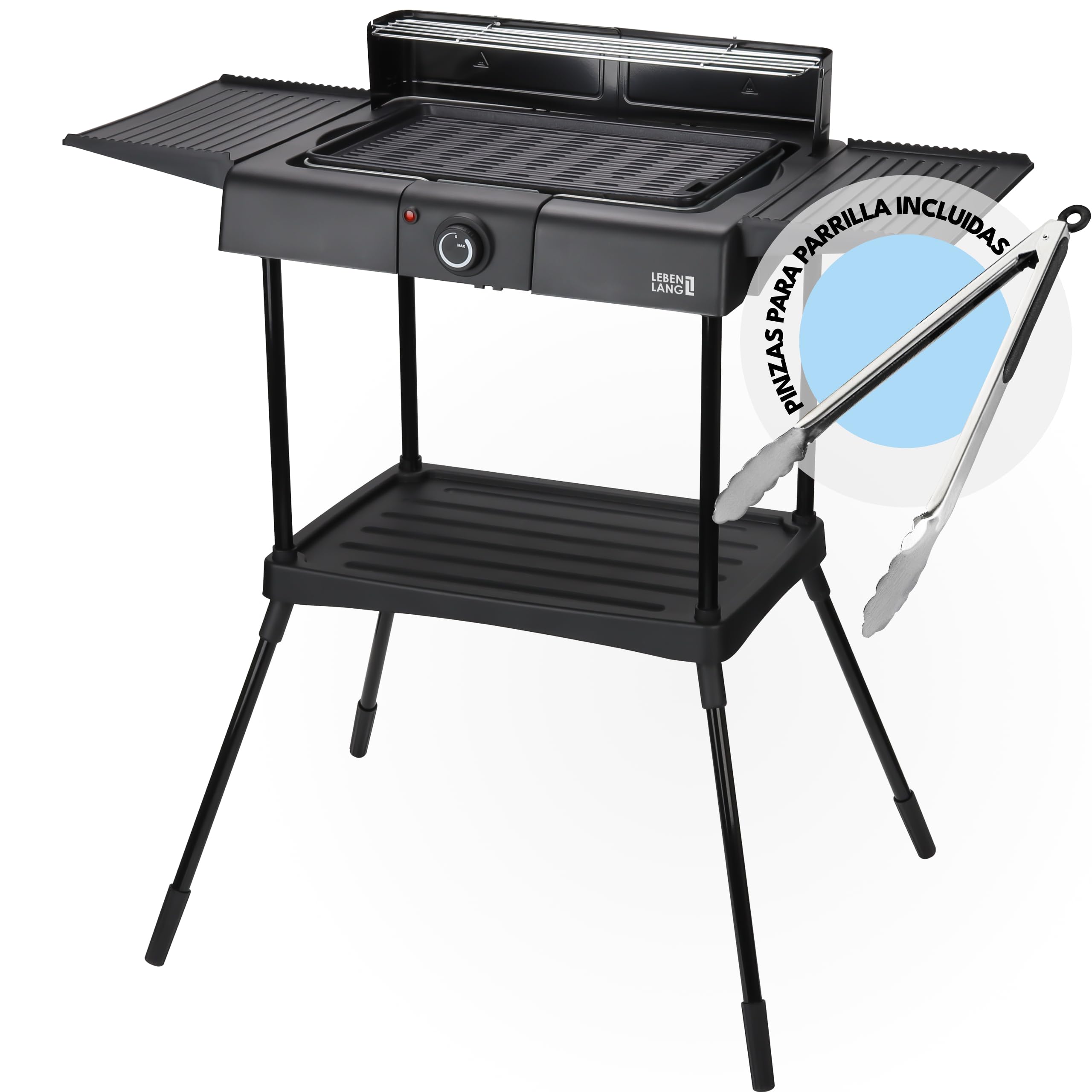 LEBENLANG Parrilla barbacoa electrica 2en1 - Incl. soporte & pinzas para parrilla I Grill electrico Parrillas para barbacoas I Grelhador eléctrica Plancha barbecue I Asador de carne Churrasqueira