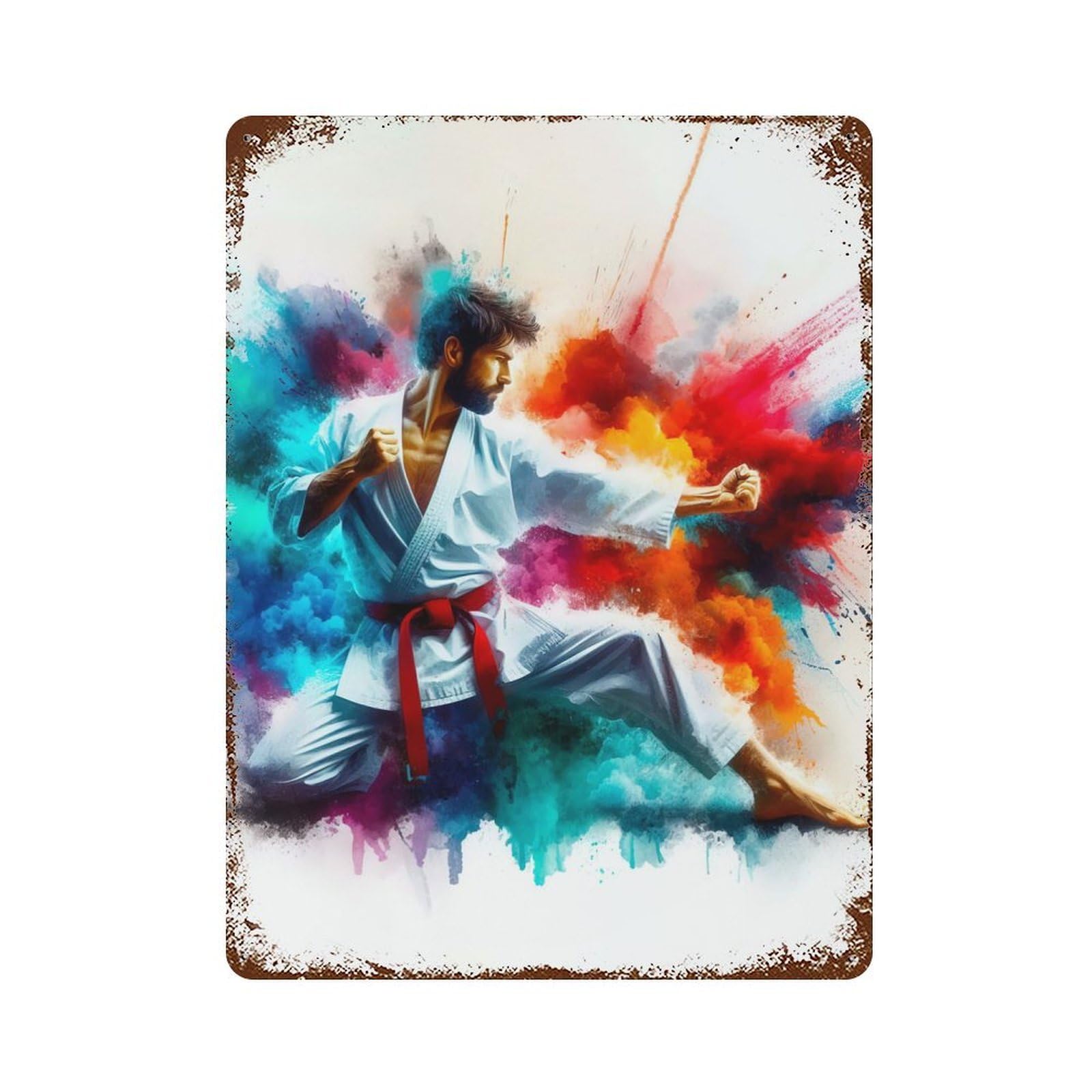 Karate Fighter in Color Burst Rust Effect Tin Sign 15.7"x11.8", Vintage Wall Decor for Pub, Kitchen And Man Cave Decor