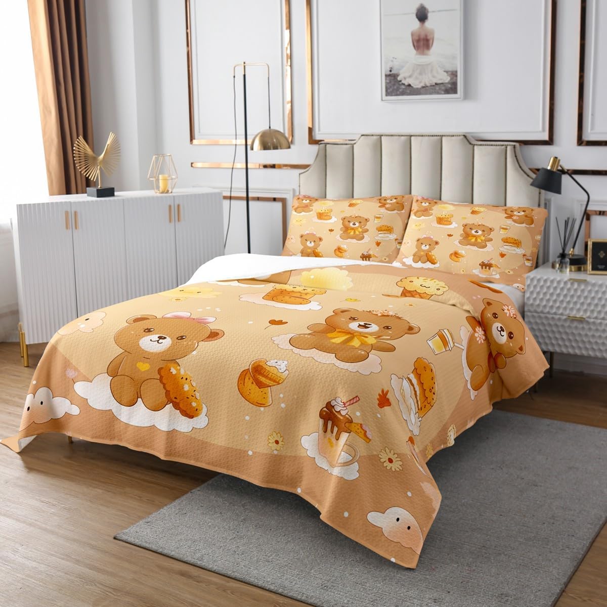 Homewish Cute Bear Bedspread Twin Size,Daisy Flower Dessert Juice Bedding Set for Kids Boys Girls Room Decor,Cloud Polka Dot Fantasy Quilt 2Pcs,Brown Cartoon Animal Soft Coverlet Set,1 Pillowcase