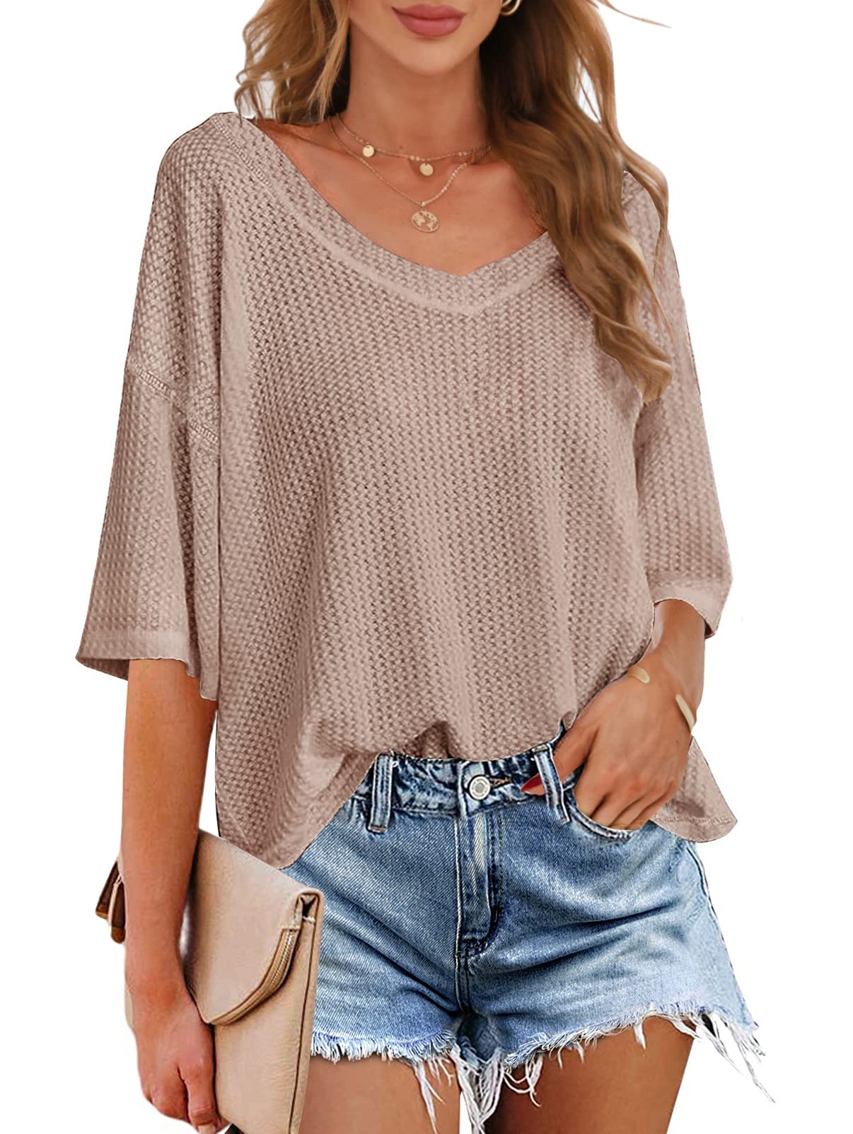 MEROKEETYWomen's V Neck Batwing Half Sleeve Shirts Waffle Knit Loose Blouse Solid Color Tops
