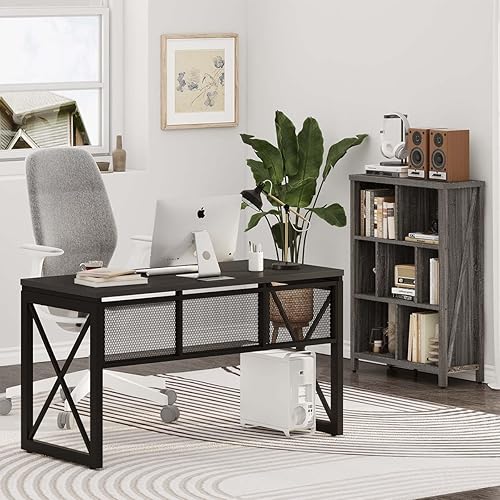 Miniatura 7 de BON AUGURE Escritorio negro para computadora, escritorio moderno para juegos, escritorios de oficina de madera industrial, escritorios de escritura