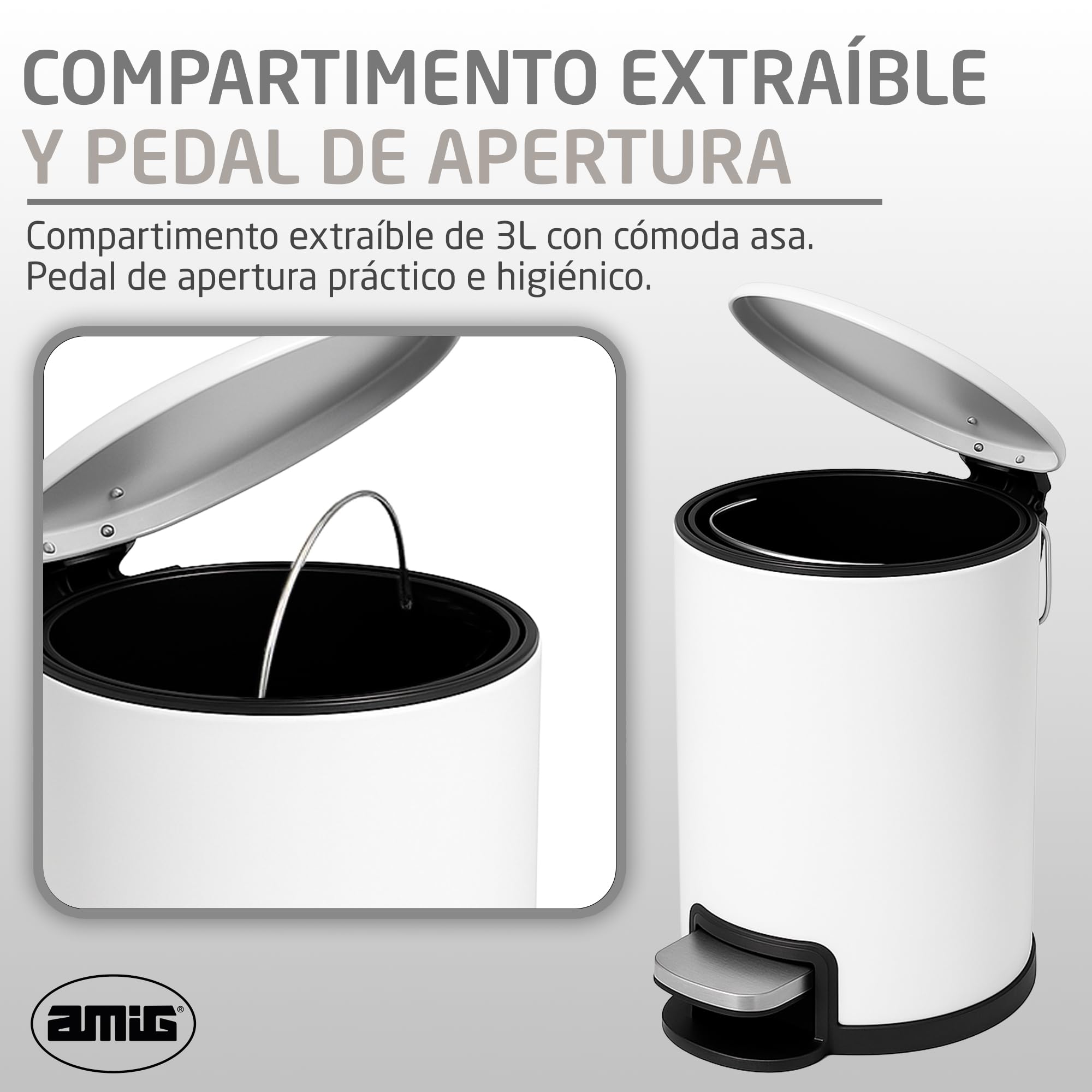 Amig - Cubo de Basura para Baño con Pedal 3 Litros Mod. Tacto - Color Blanco - Apertura Higiénica sin Manos - Ø16,8 x 25,5 cm - Acero Inoxidable Lacado - Papelera Redonda con Cubo Interior Removible