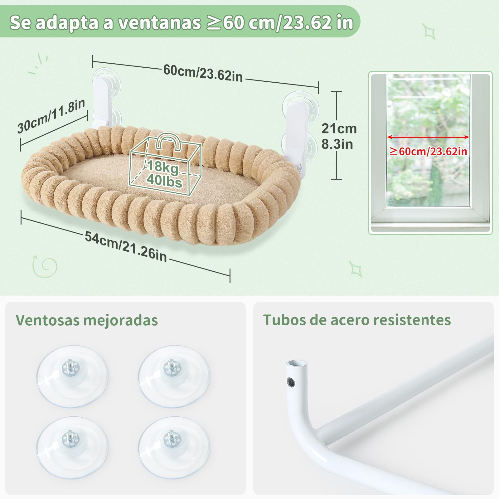 GUUSII HOME Hamaca Gato Ventana Plegable Soporte Cama con Ventosa Gatos Grande Colgante Soporte Camita para Gatitos Interior Lavable en La Lavadora Cat Window Perch Bed 54 * 30cm (Camello Claro, M)