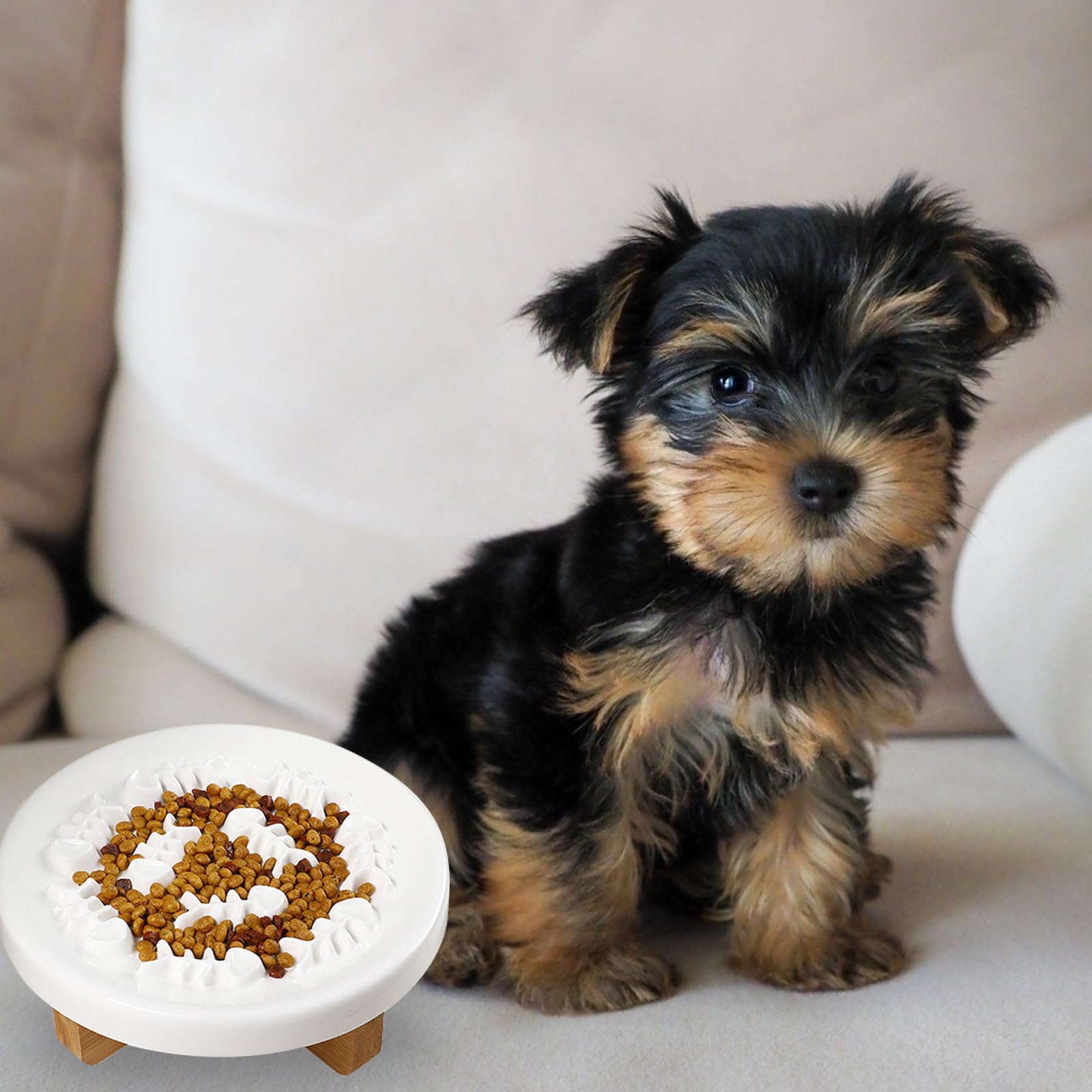 UKCOCO Juego de Comedero Lento Elevado para Mascotas con Base de Madera y Cerámica, Adecuado para Perros Pequeños y Gatos, Previene el Estrés al Comer