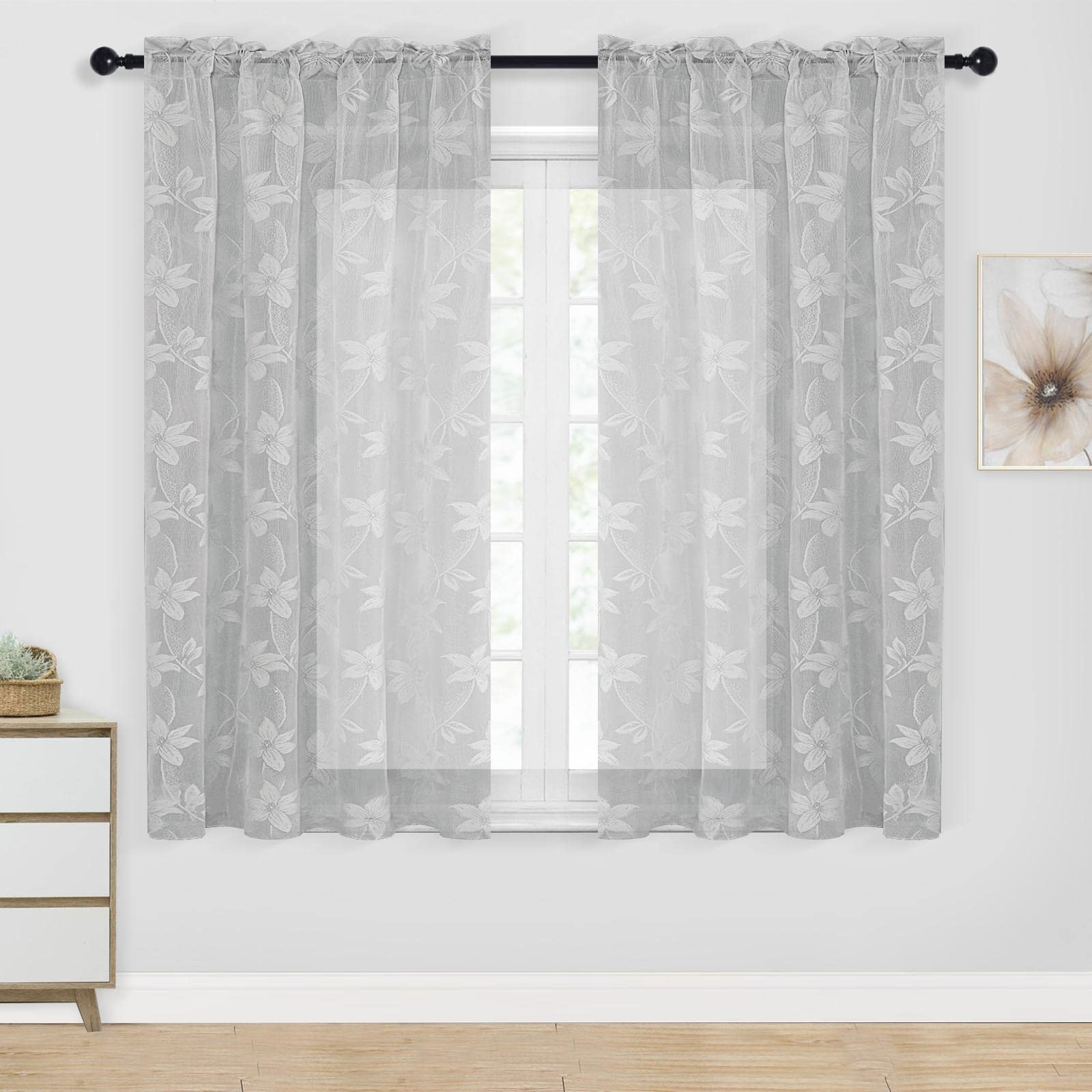 DWCN Sheer Curtains - Short Curtains Floral Lace Design Rod Pocket Window Voile Sheer Drapes for Bedroom Kitchen Small Window 42 x 54 inch Length, 2 Panels Grey