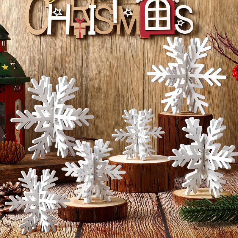 6 Stück Weihnachts tischdeko Holz Schneeflocken Figure Deko Weiß 3D...